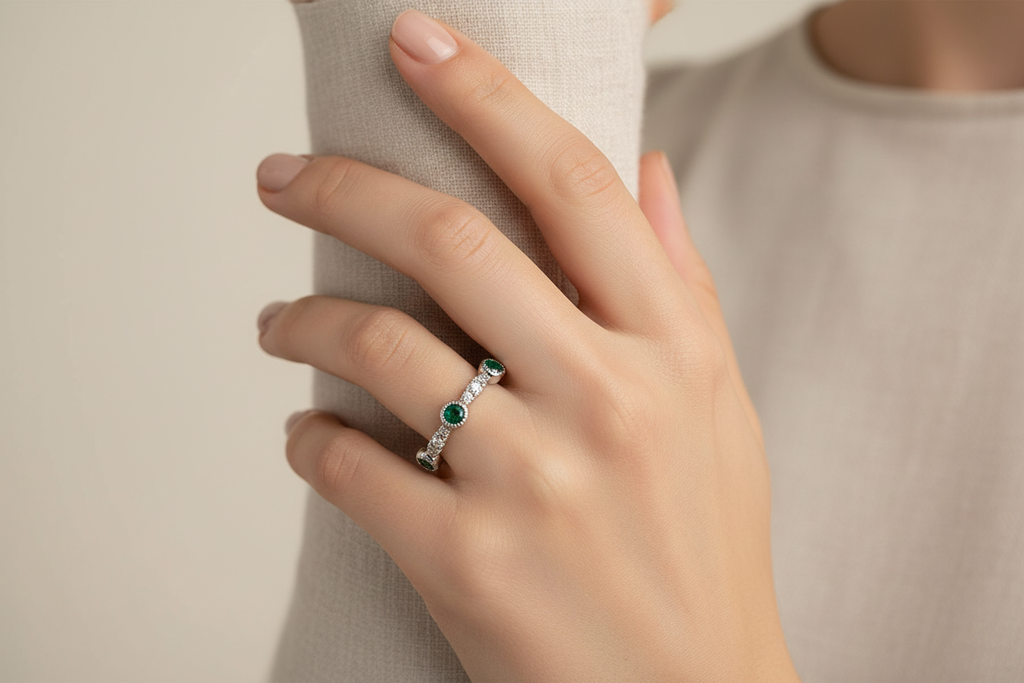 14K White Gold Emerald & Diamond Band Ring on Model's Hand