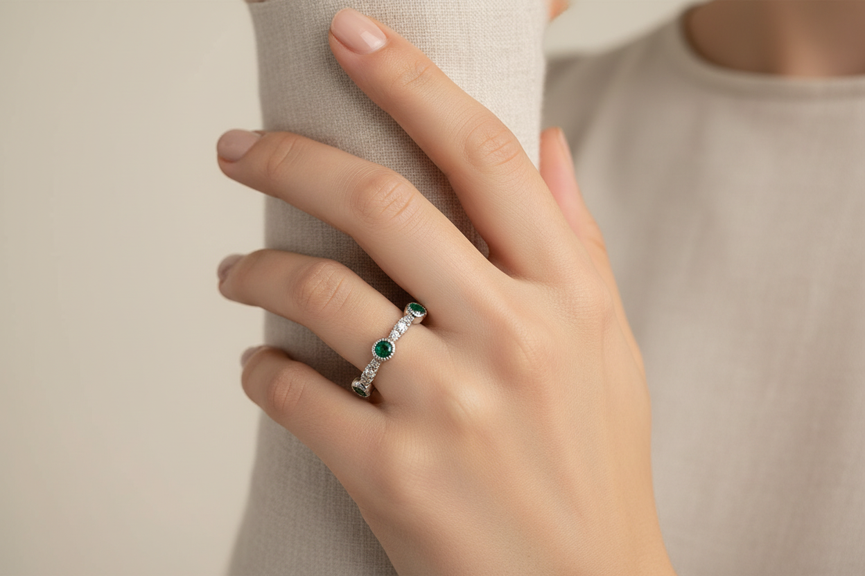 14K White Gold Emerald & Diamond Band Ring on Model's Hand