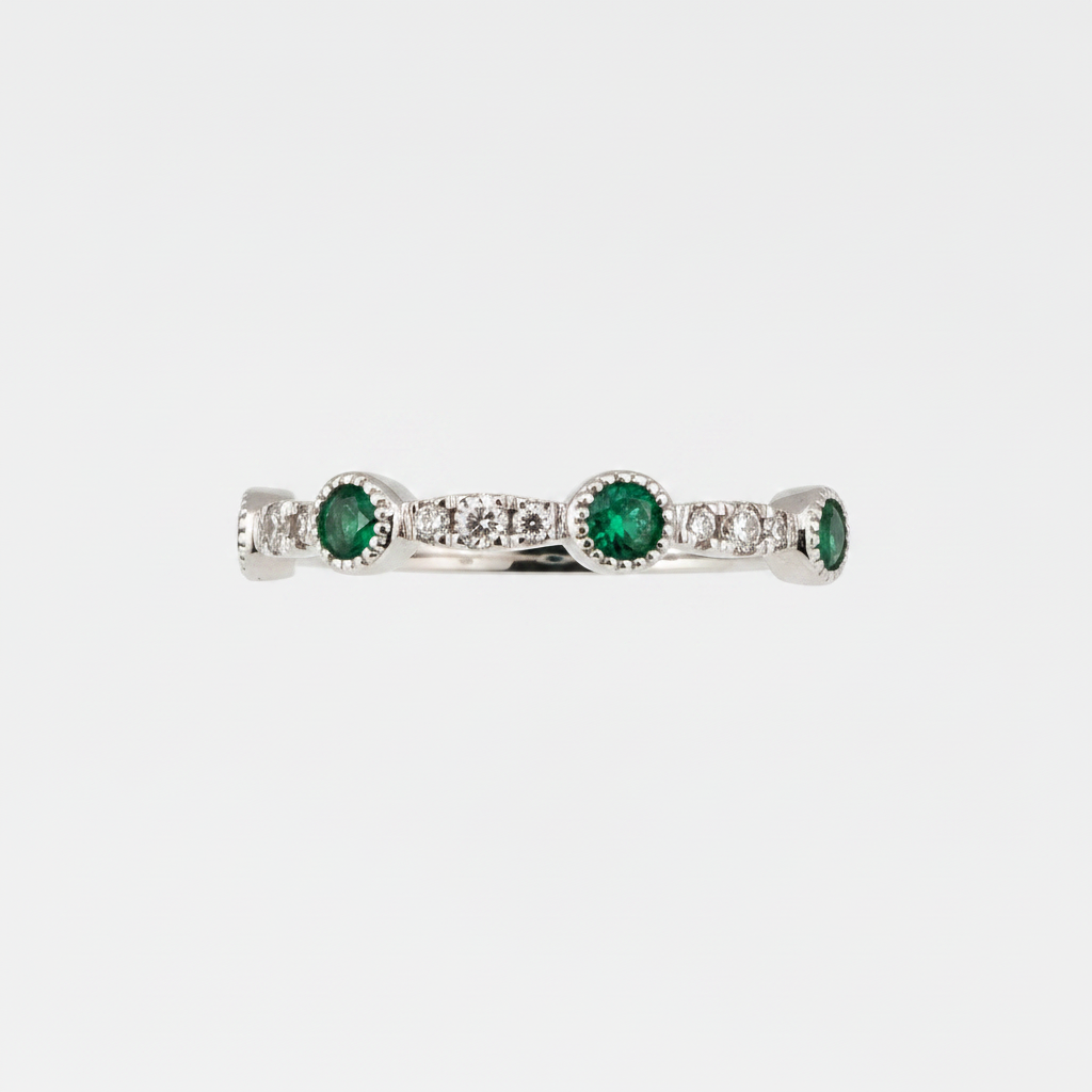14K White Gold Emerald & Diamond Band Ring