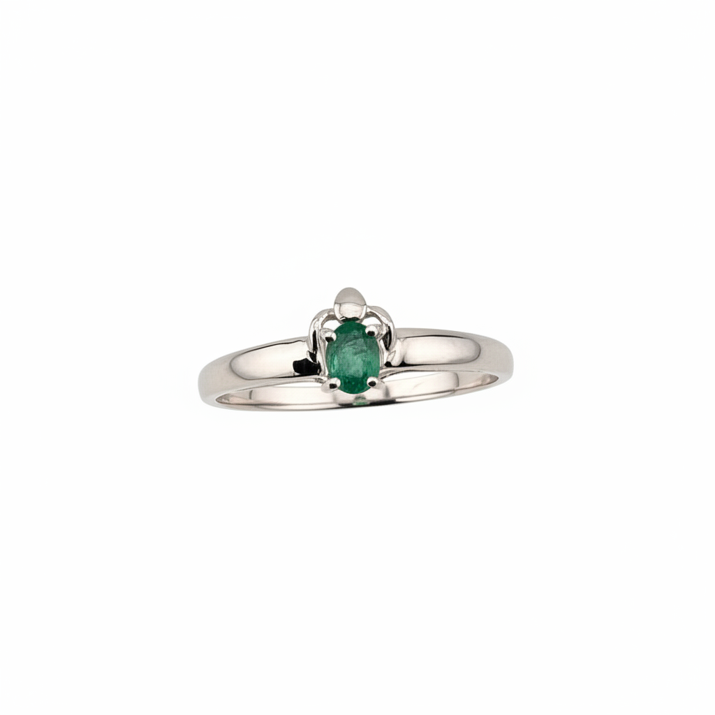 14K White Gold Oval Emerald Solitaire Ring - Pure White Background