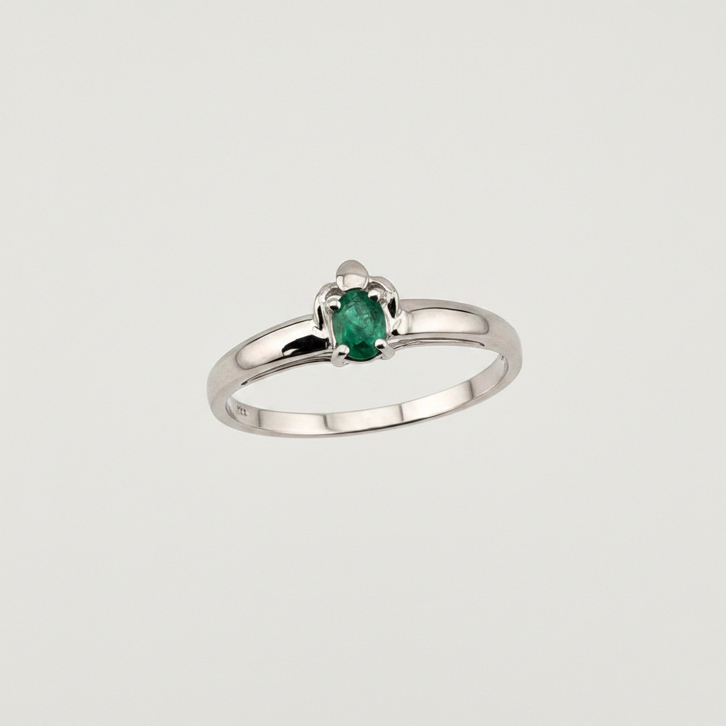 14K White Gold Oval Emerald Solitaire Ring - White Background