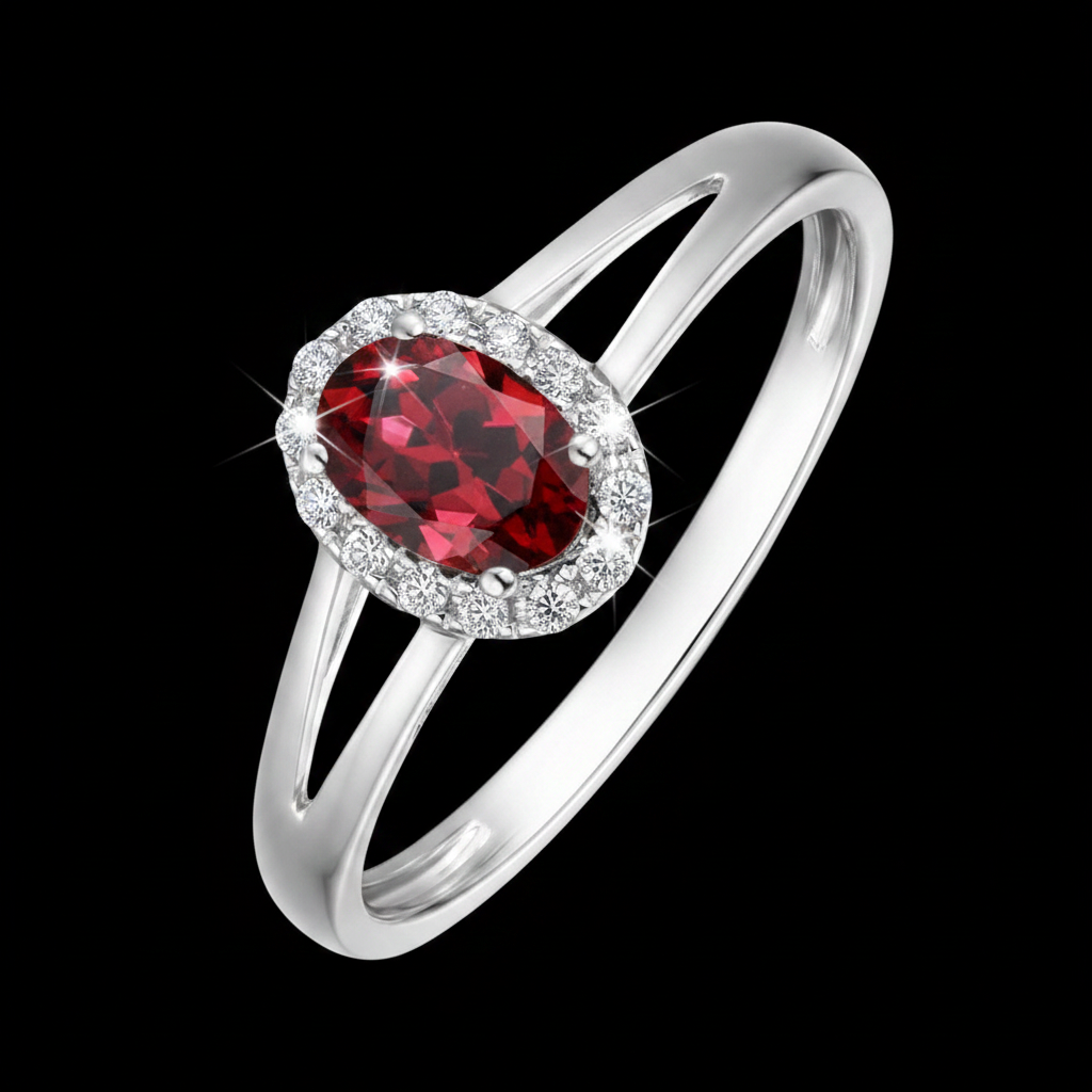 14K White Gold Oval Garnet & Diamond Halo Ring - Dark Background