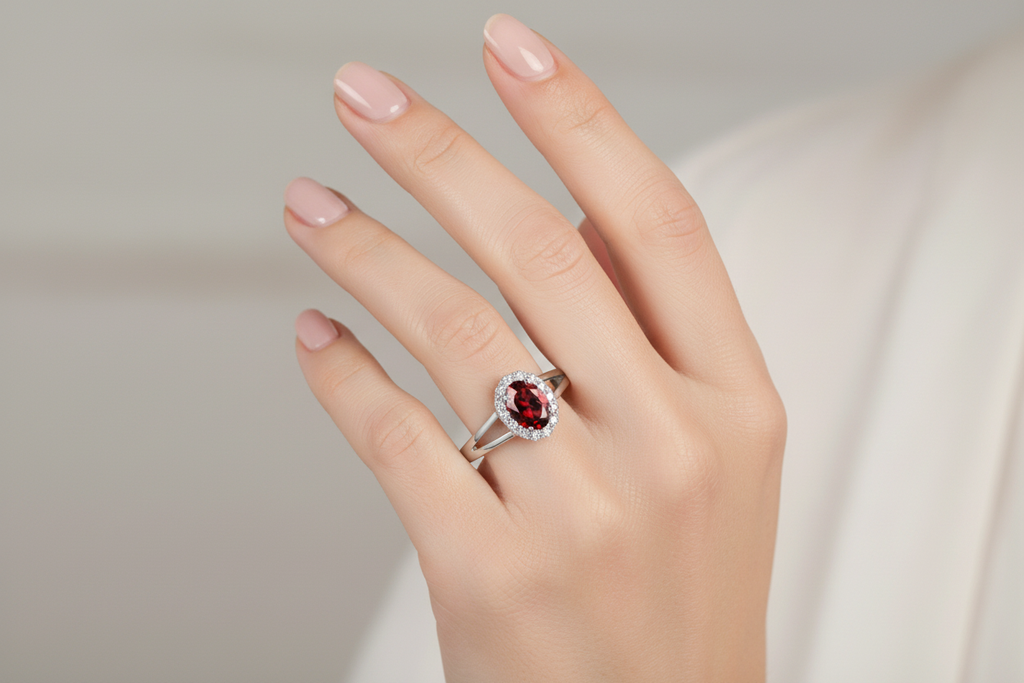 14K White Gold Oval Garnet & Diamond Halo Ring on Model's Hand