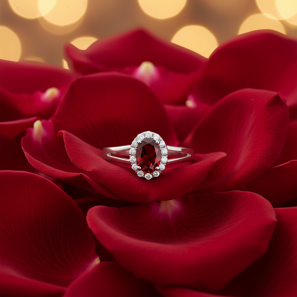 14K White Gold Oval Garnet & Diamond Halo Ring on Rose Petals