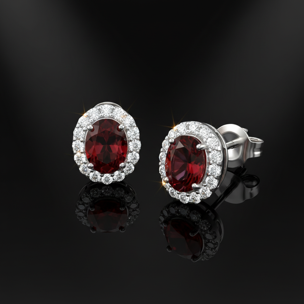 14K White Gold Oval Garnet & Diamond Halo Stud Earrings - Dark Background