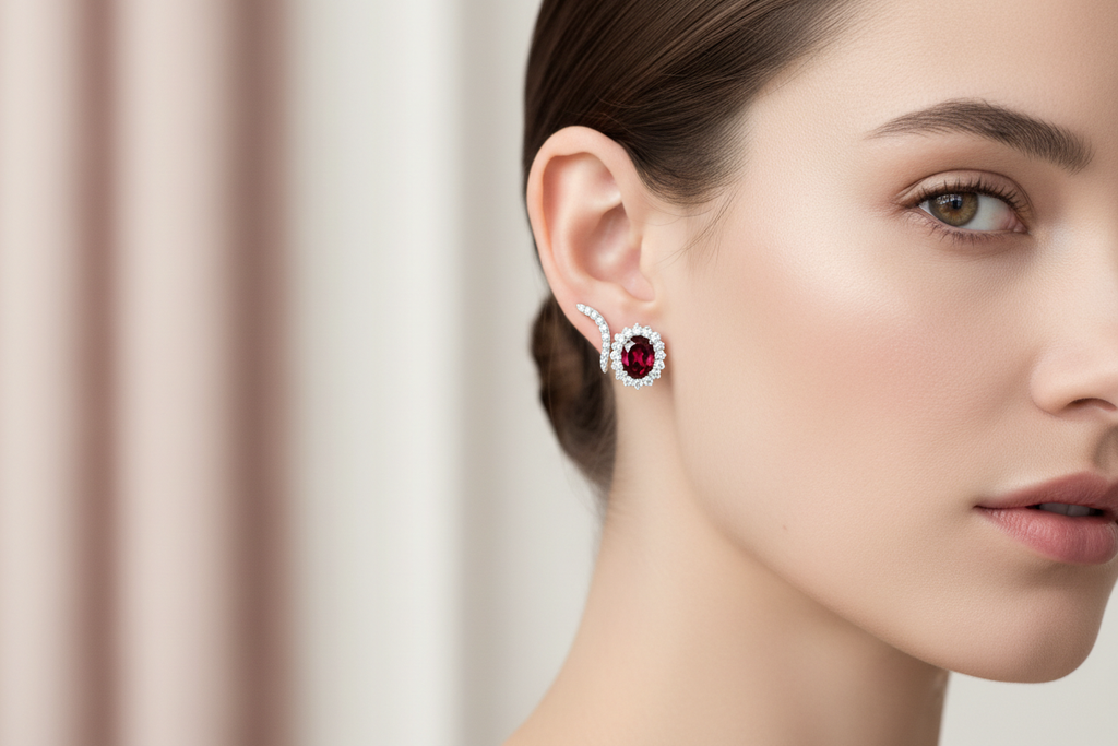14K White Gold Oval Garnet & Diamond Halo Stud Earrings on Model