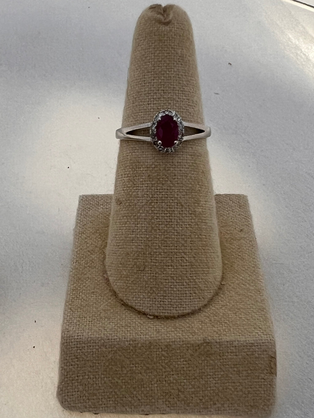 Oval Ruby & Diamond Halo Ring in 14kt White Gold