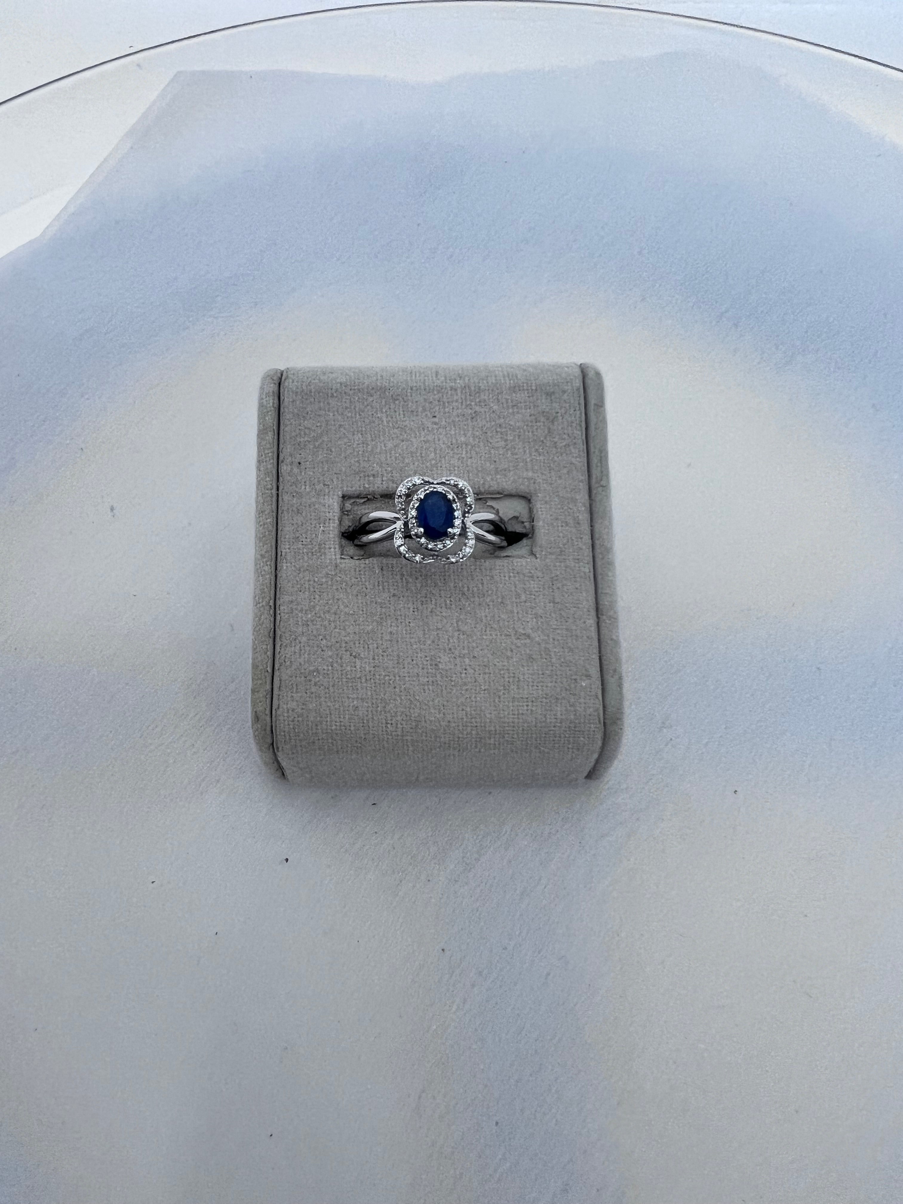 14K White Gold Oval Blue Sapphire & Double Diamond Halo Twisted Split Shank Ring