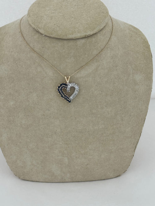10K Yellow Gold Blue Sapphire & Diamond Open Heart Pendant Necklace (1/4 ctw)