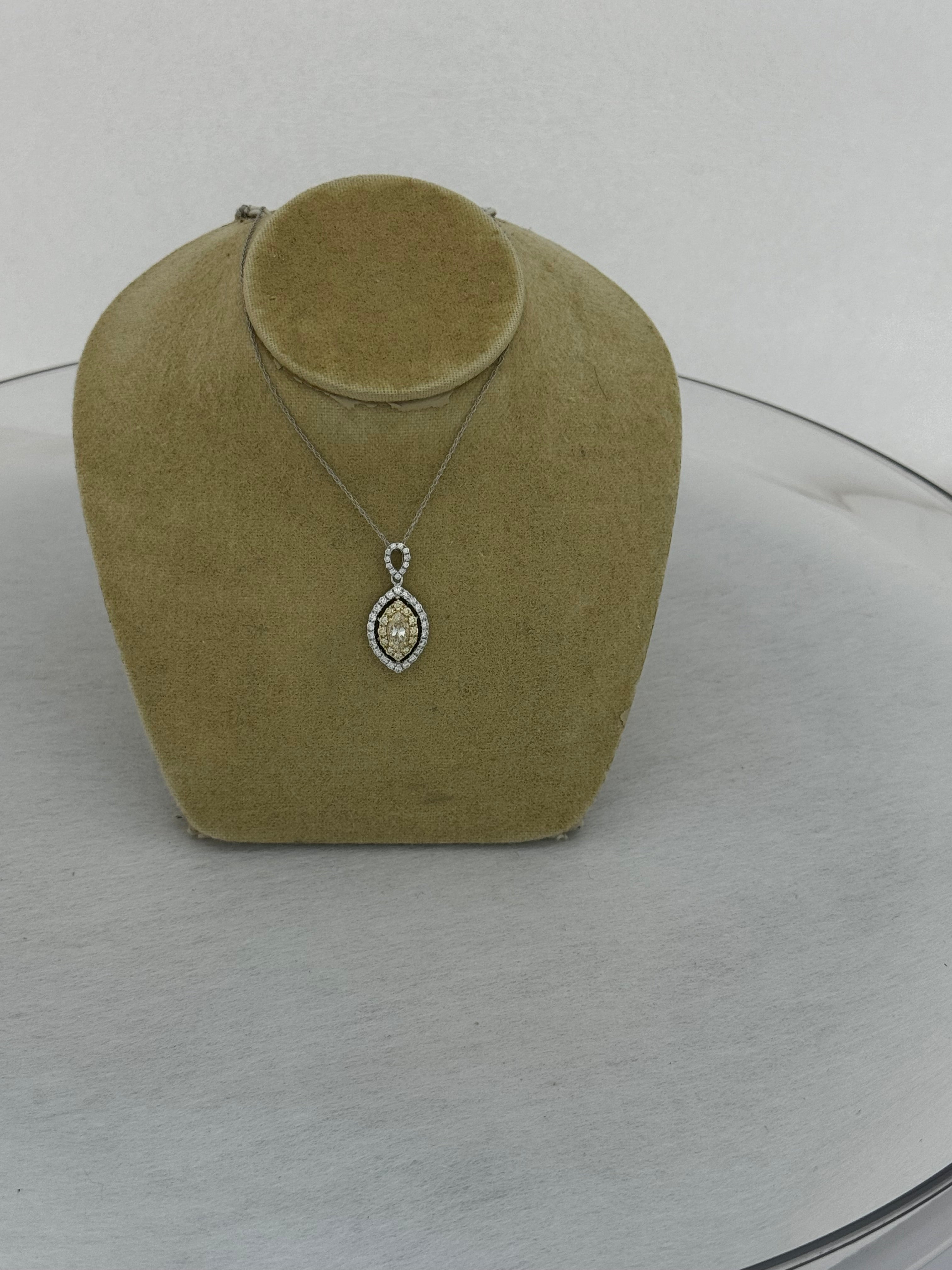 14K Two-Tone Fancy Yellow Marquise Diamond Double Halo Pendant Necklace (1.00 ctw)