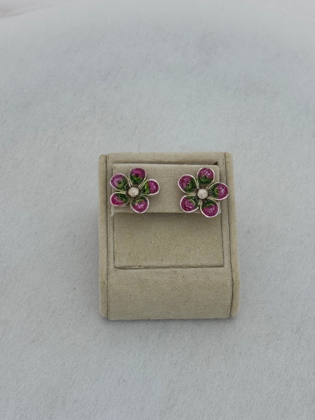 Sterling Silver Hand-Spun Filigree Pink & Green Enamel Flower Stud Earrings