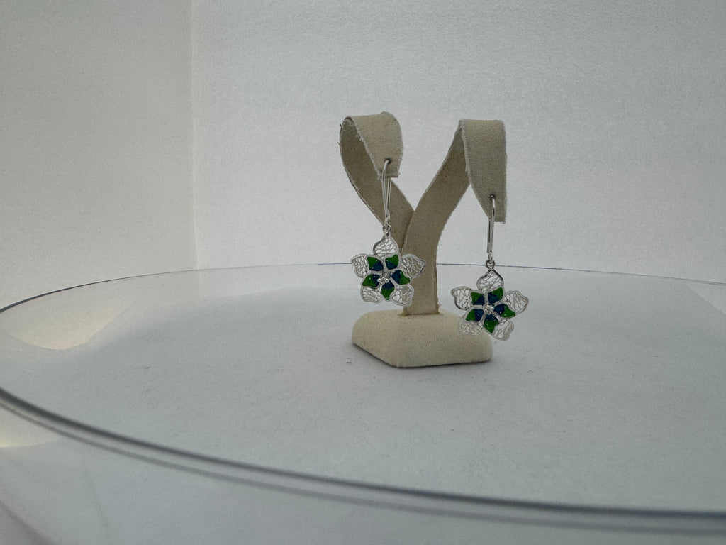 Sterling Silver Hand-Spun Filigree Green Enamel Flower Drop Earrings