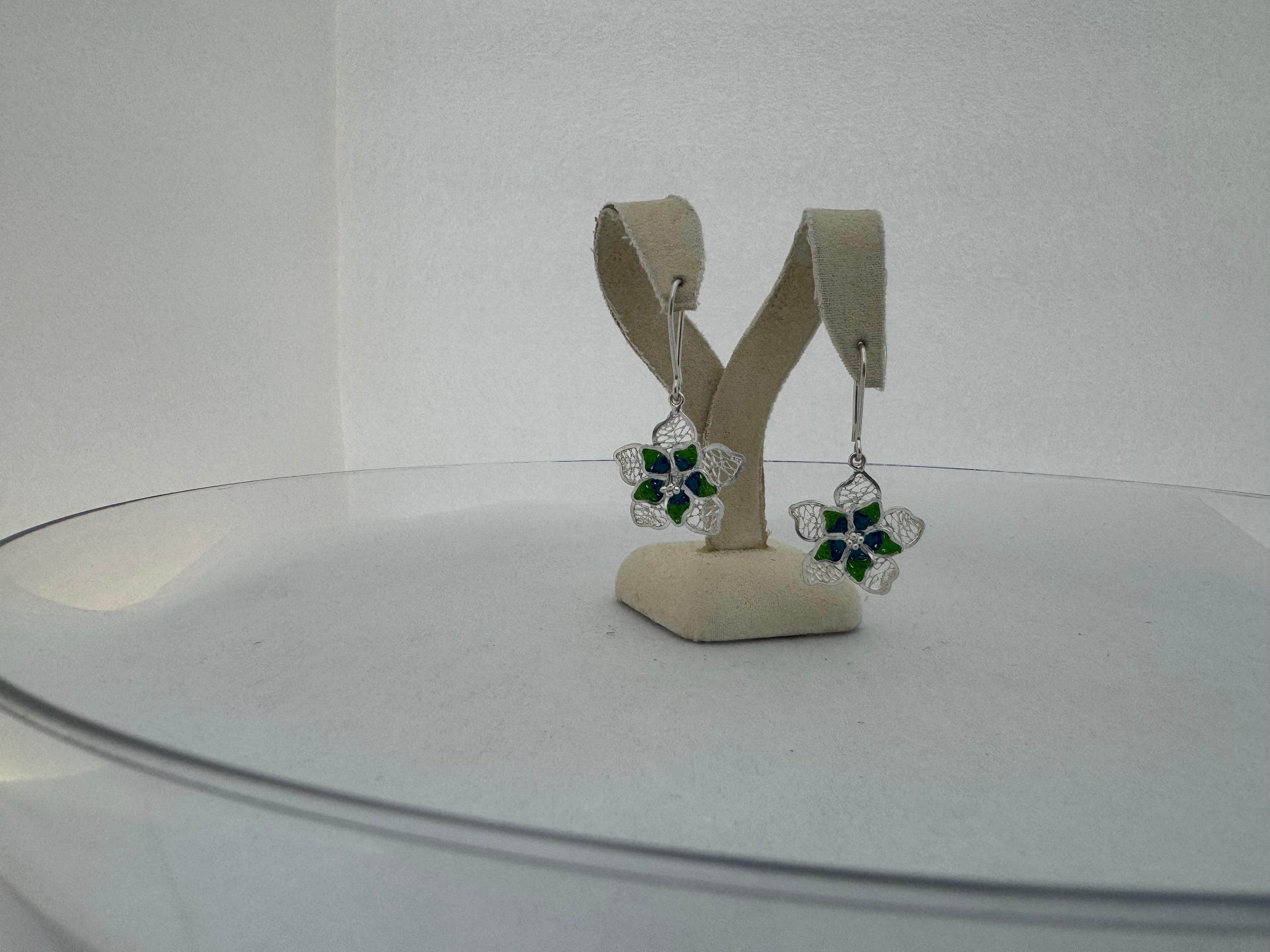 Sterling Silver Hand-Spun Filigree Green Enamel Flower Drop Earrings