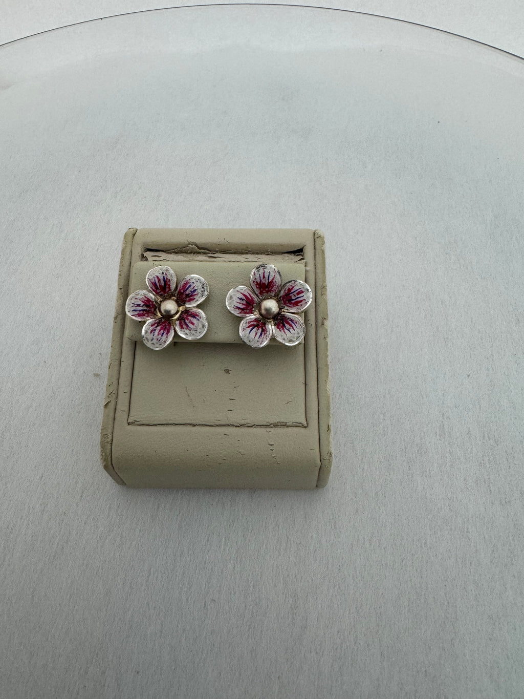 Sterling Silver Hand-Spun Filigree Pink & White Enamel Flower Stud Earrings