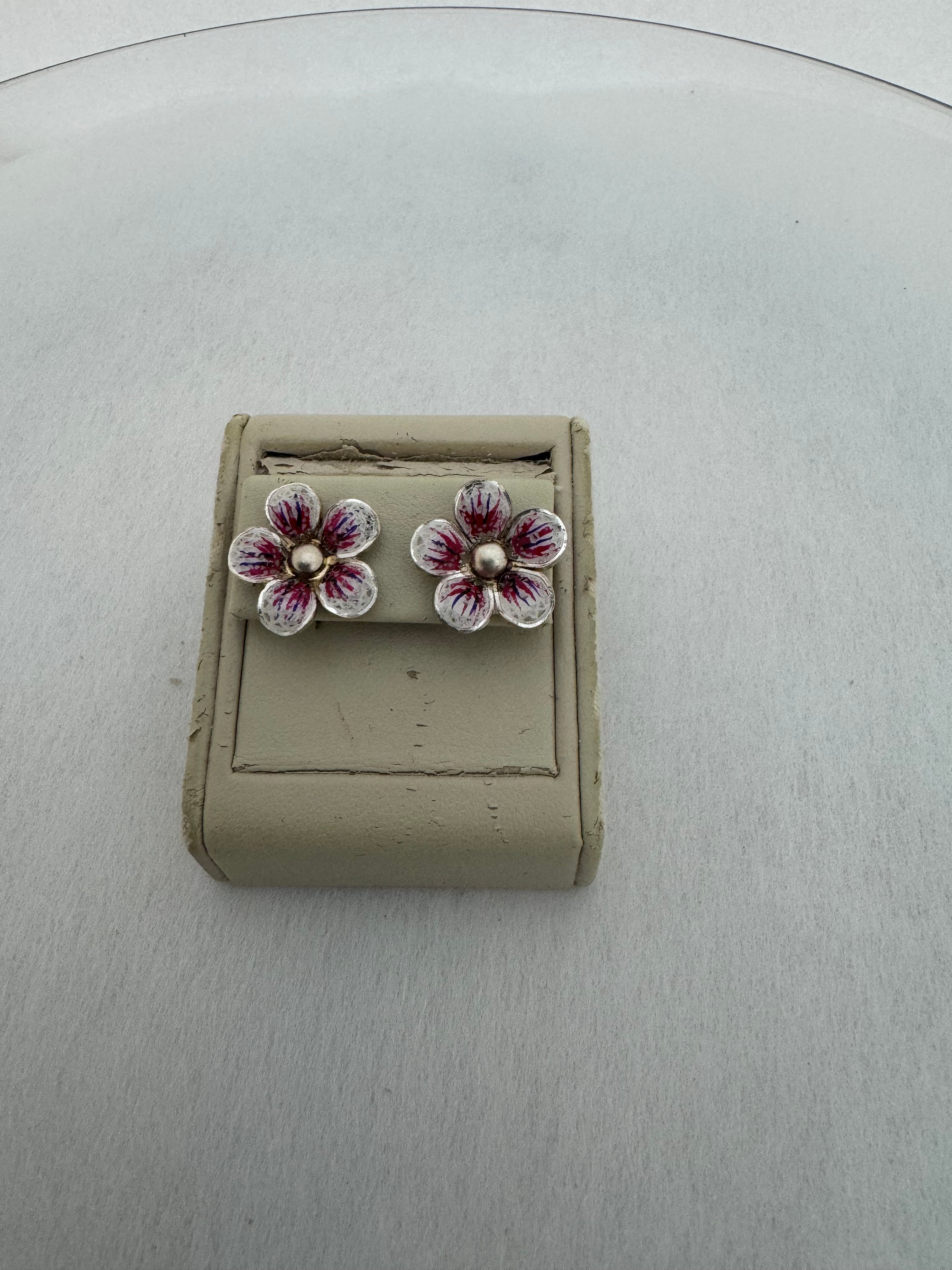 Sterling Silver Hand-Spun Filigree Pink & White Enamel Flower Stud Earrings