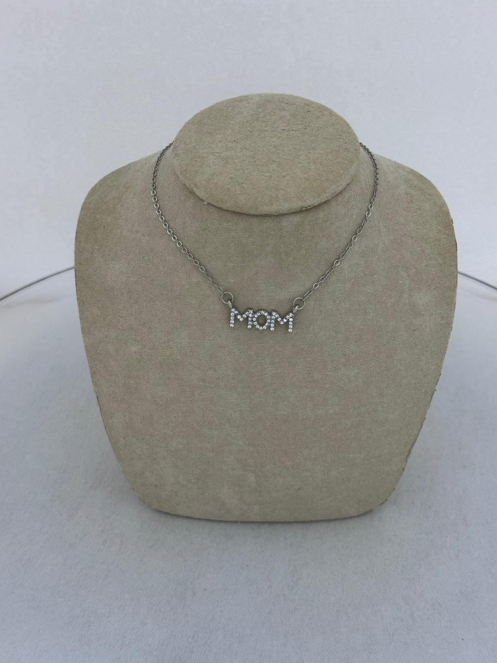 "MOM" Crystal Pavé Letter Bar Necklace — 18" Chain with 2" Extender
