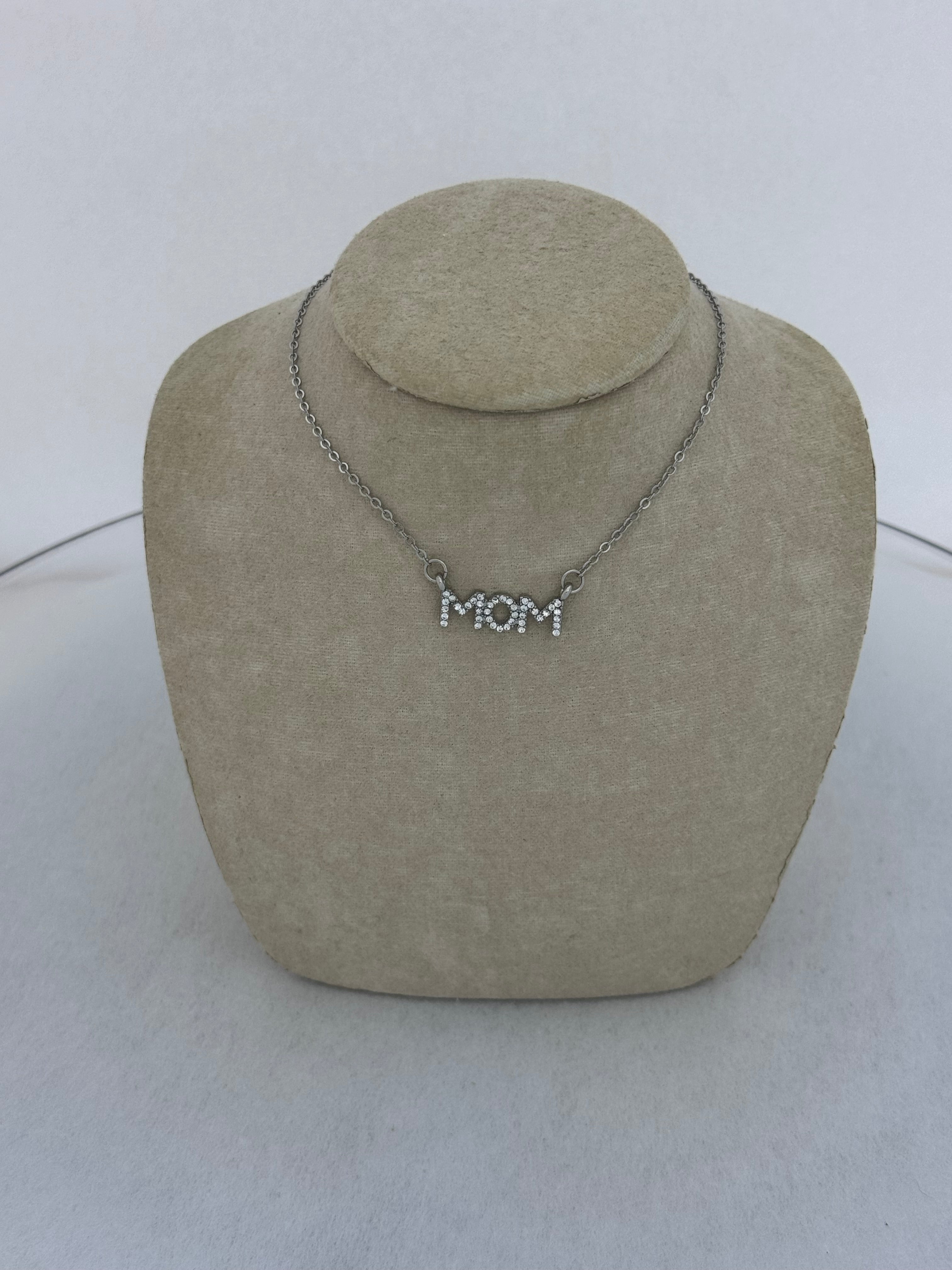 "MOM" Crystal Pavé Letter Bar Necklace — 18" Chain with 2" Extender