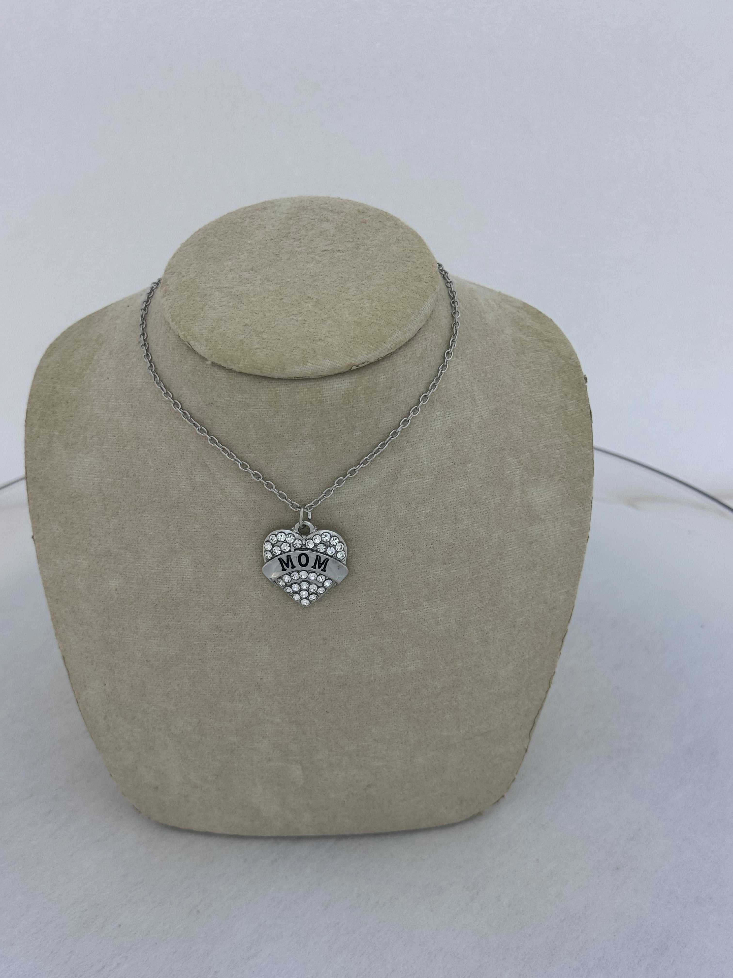"MOM" Crystal Pavé Heart Pendant Necklace — 18" Chain with 2" Extender