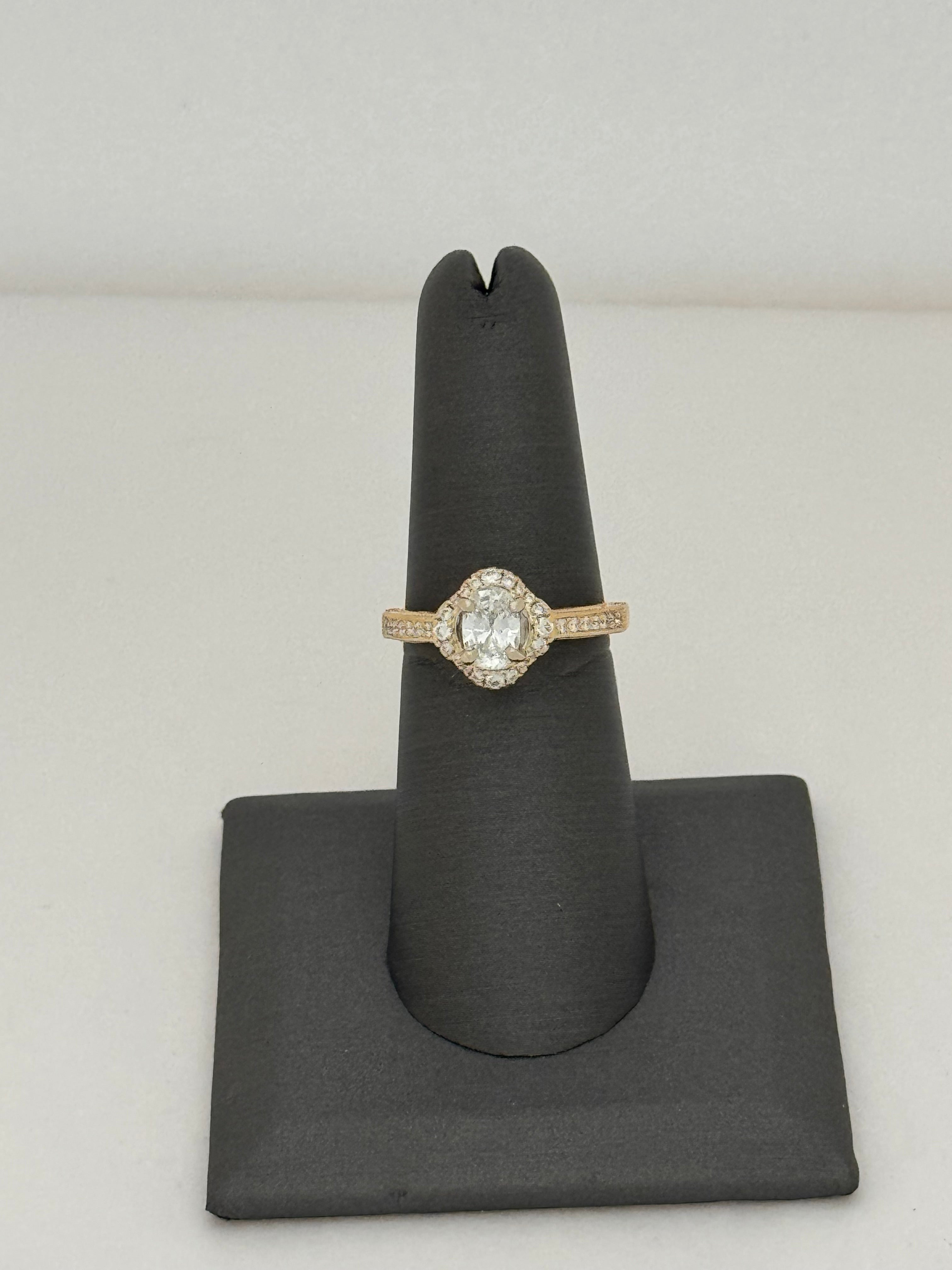 14K Yellow Gold 0.61 Ct IGI Certified Oval Natural Diamond Halo Engagement Ring with 0.34 CTW Band