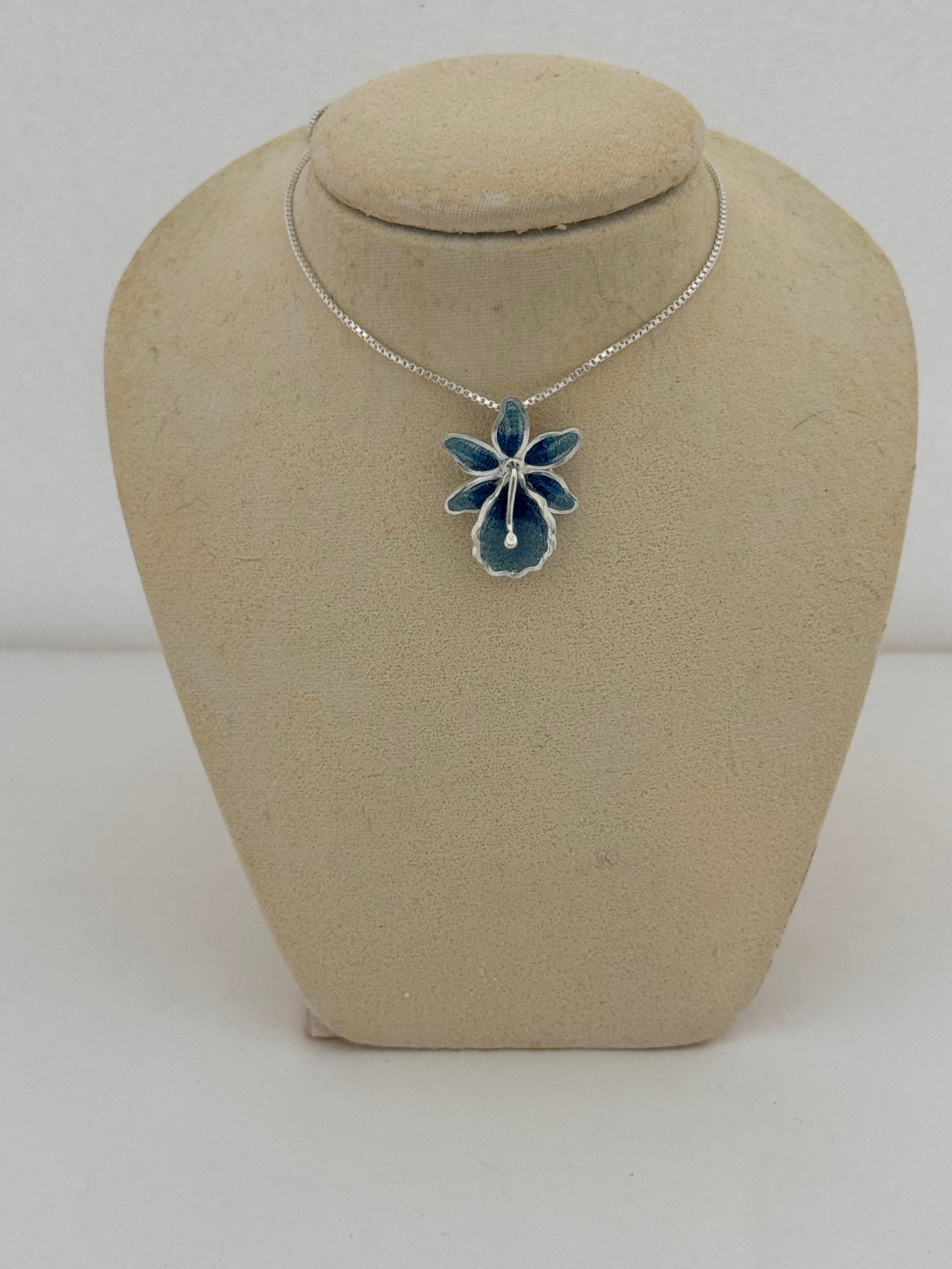 Sterling Silver Hand-Spun Filigree & Blue Enamel Flower Pendant