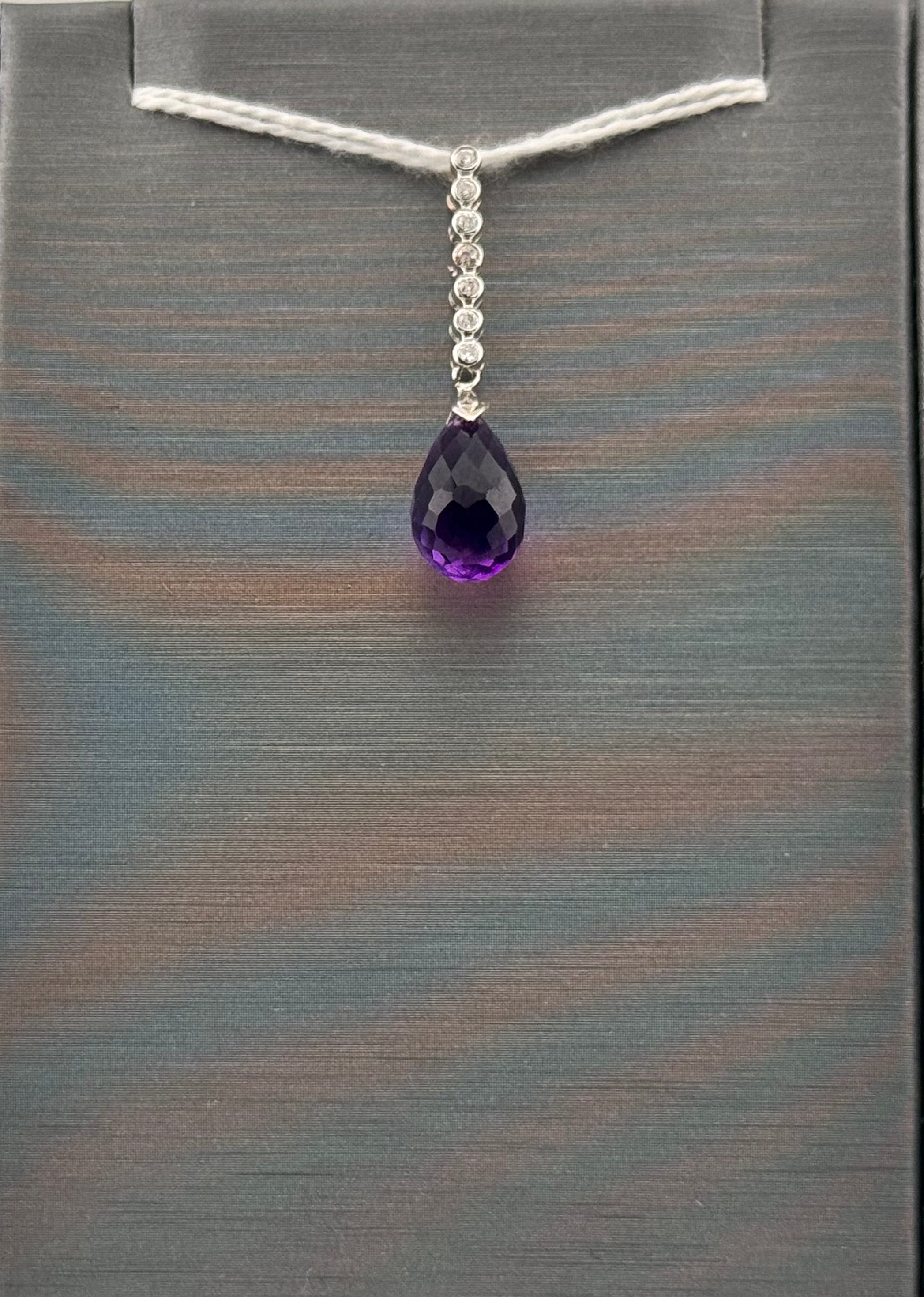 14K White Gold Amethyst Briolette & 0.10 CTW Diamond Drop Pendant