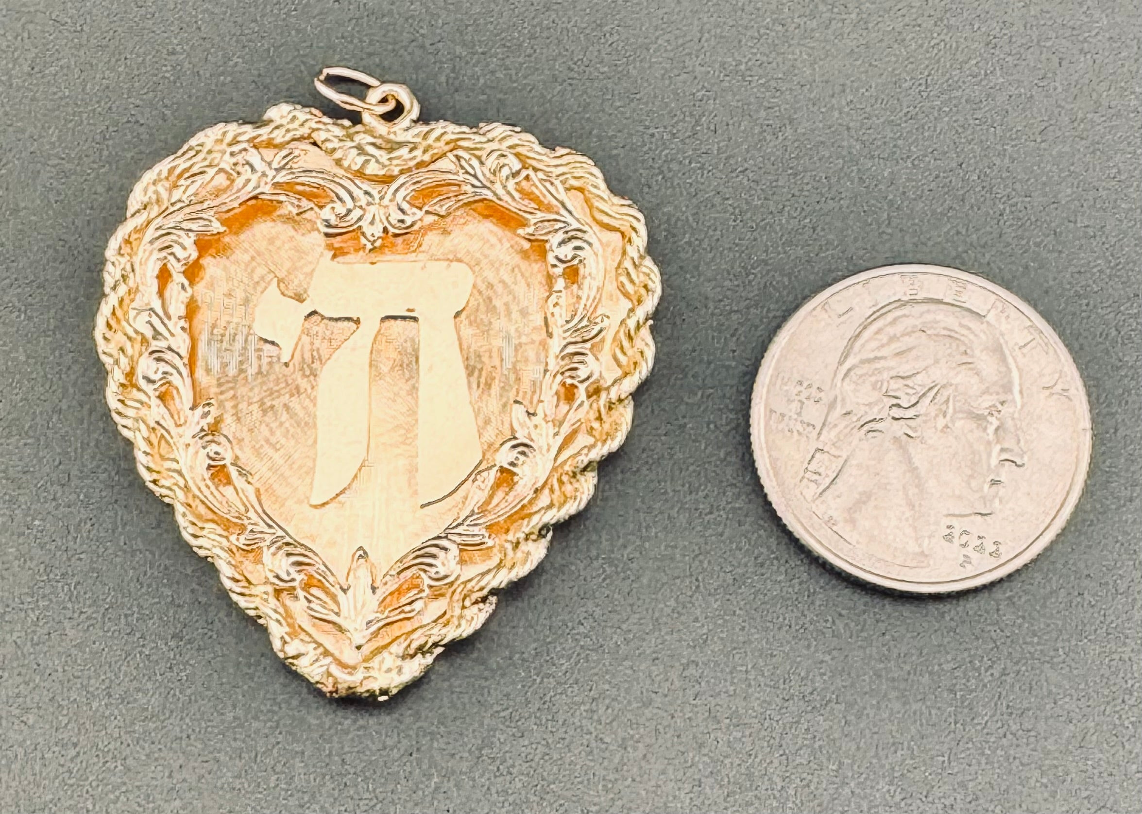 14K Yellow Gold Custom Heart & Chai Charm Pendant | Rope Edge & Floral Detail | 16.60g