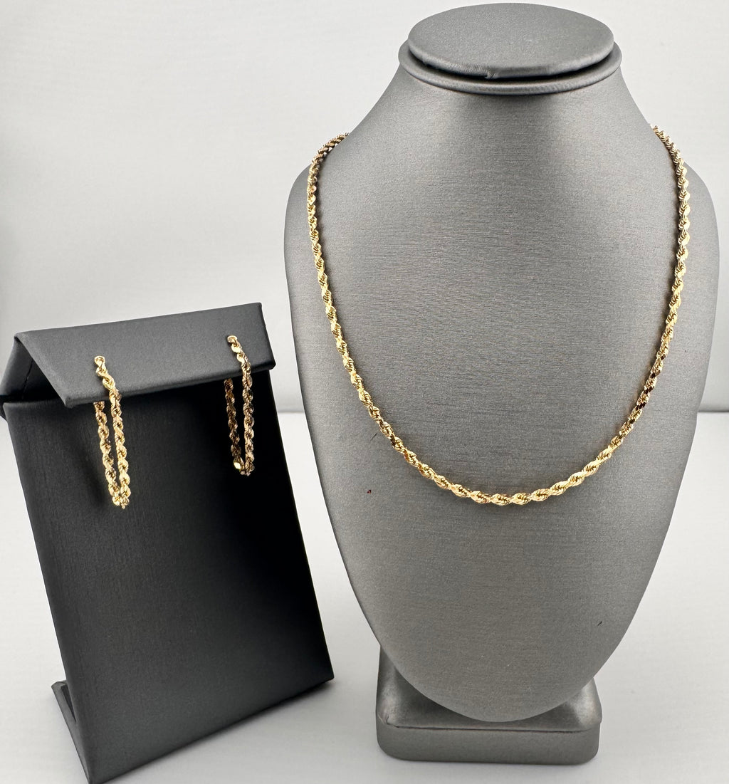 14K Yellow Gold Rope Chain Set | 18" Necklace & Pierced Rope Earrings