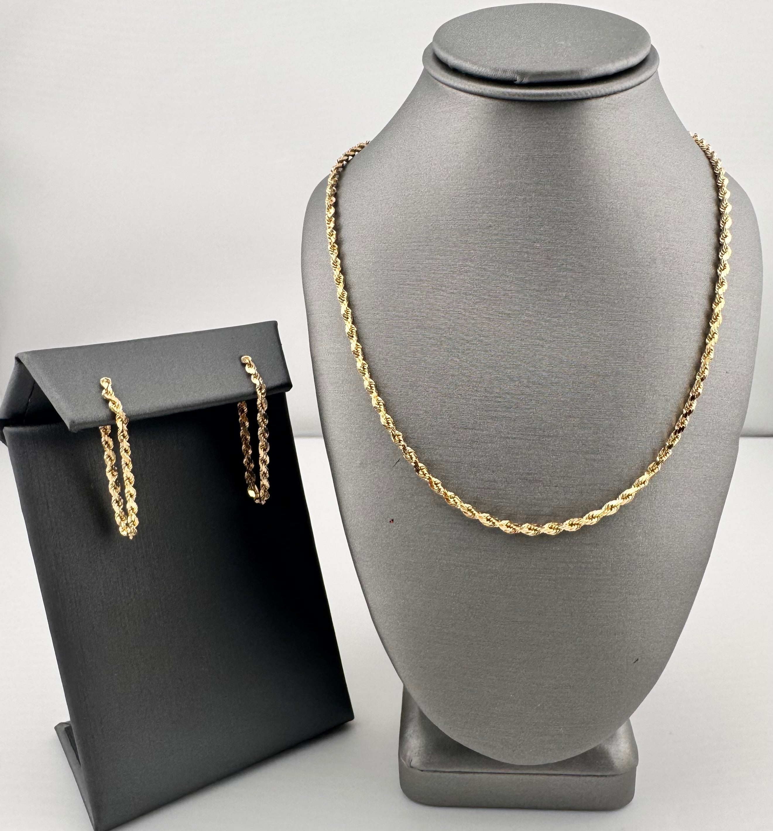 14K Yellow Gold Rope Chain Set | 18" Necklace & Pierced Rope Earrings
