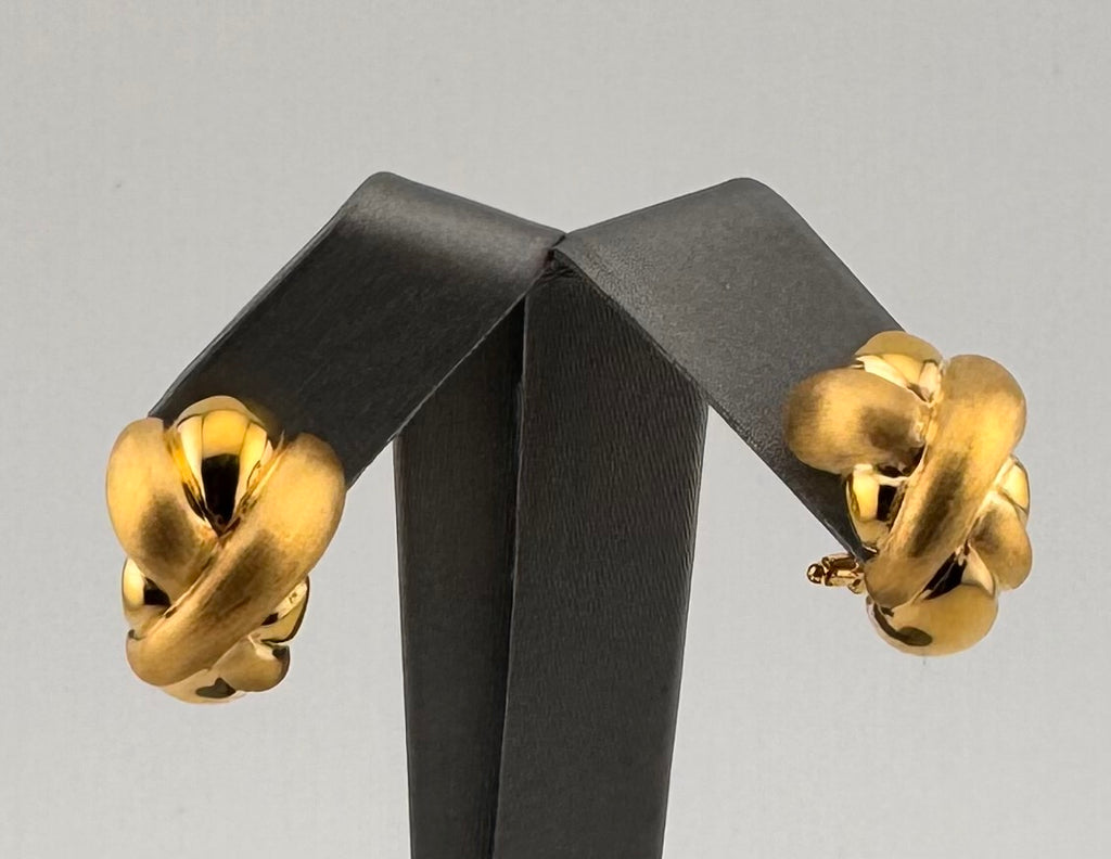 18K Yellow Gold Twisted J-Hoop Earrings | Brushed & High-Polish Omega Back