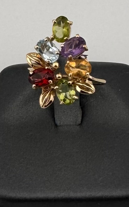 14K Yellow Gold Multi-Gemstone Cluster Ring | Peridot, Amethyst, Blue Topaz, Garnet & Citrine | Previously Owned