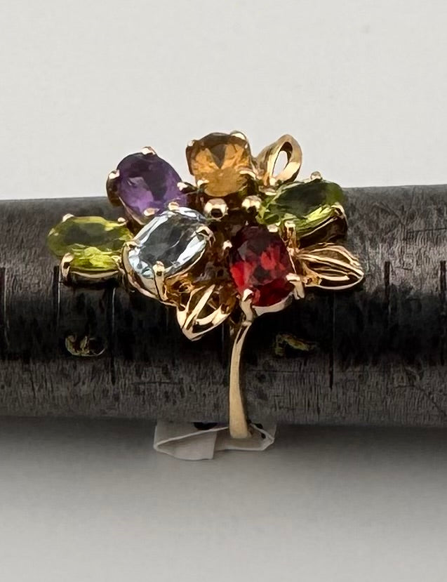 14K Yellow Gold Multi-Gemstone Cluster Ring | Peridot, Amethyst, Blue Topaz, Garnet & Citrine | Previously Owned