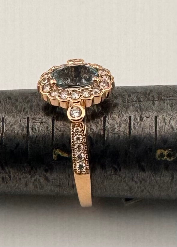 14K Rose Gold Oval Aquamarine & Diamond Halo Vintage Ring