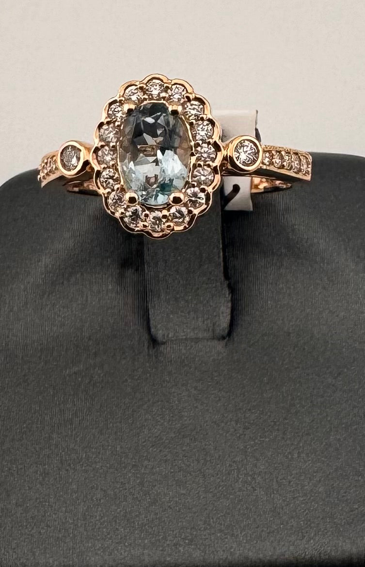 14K Rose Gold Oval Aquamarine & Diamond Halo Vintage Ring