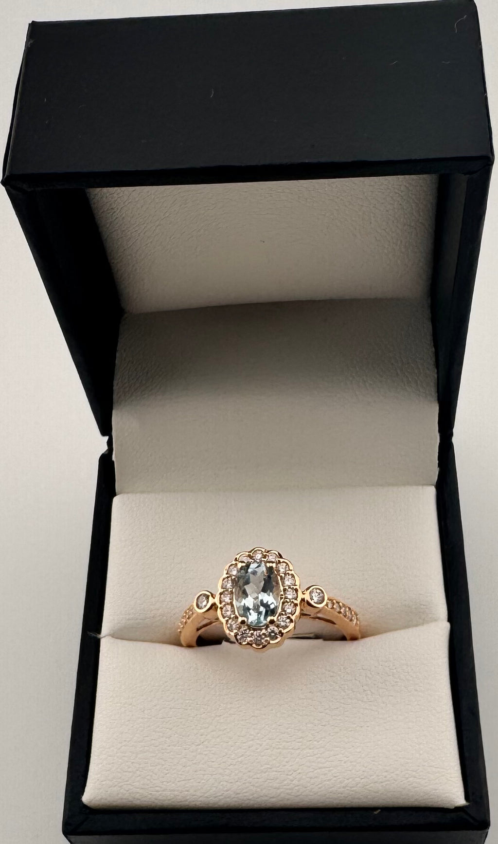 14K Rose Gold Oval Aquamarine & Diamond Halo Vintage Ring