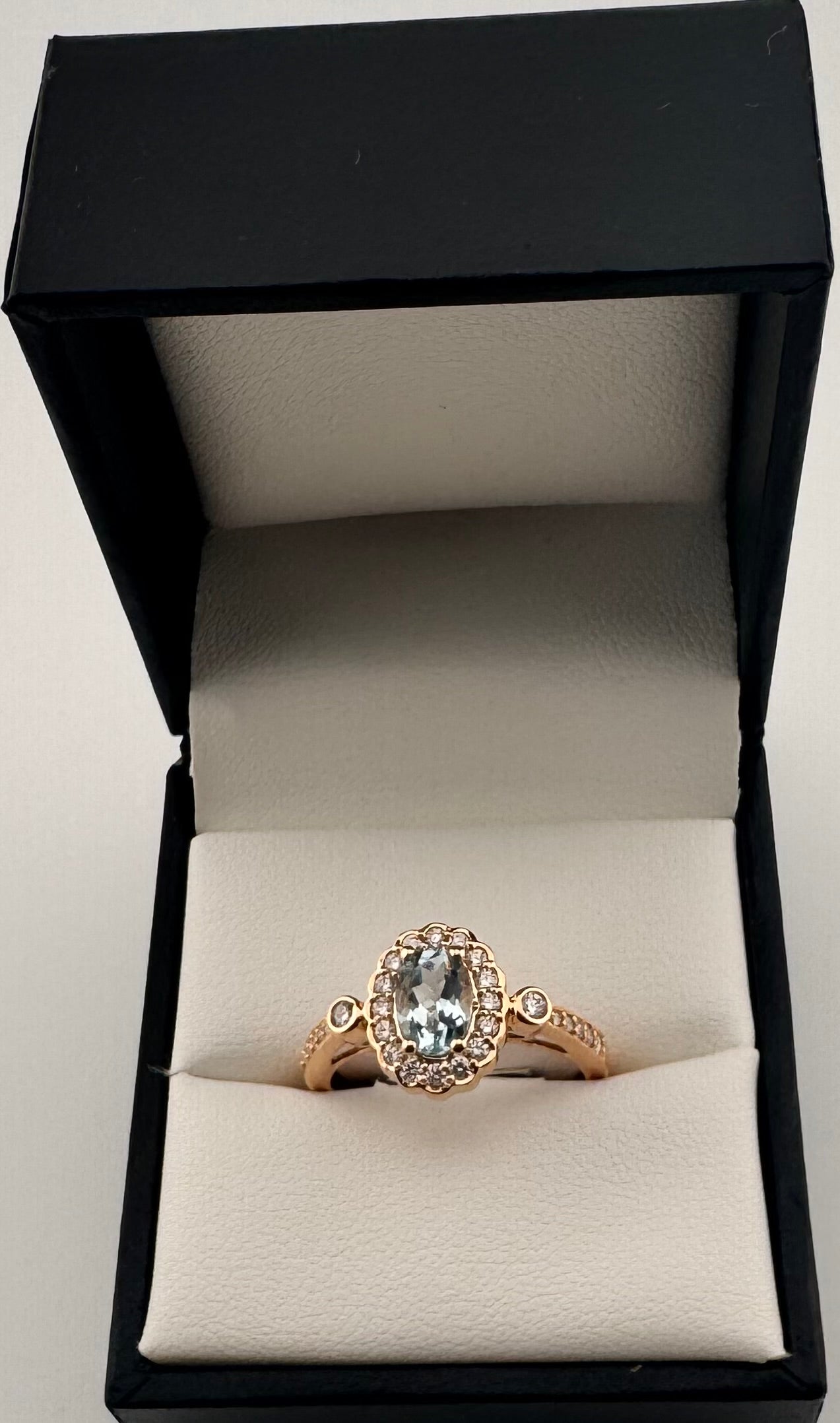 14K Rose Gold Oval Aquamarine & Diamond Halo Vintage Ring