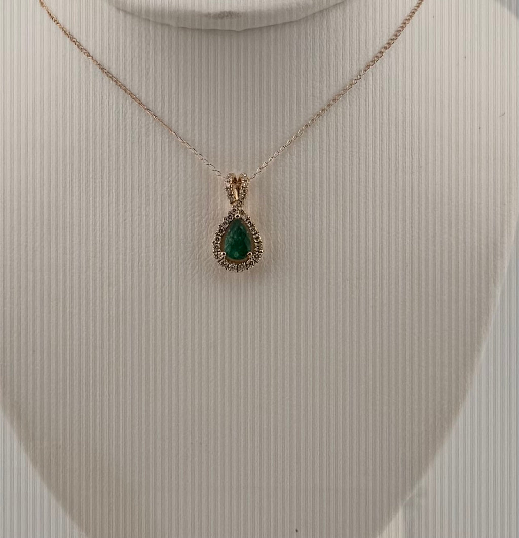 14K Yellow Gold Pear Emerald & Diamond Halo Pendant | .36 ct Emerald, .15 ctw Diamonds