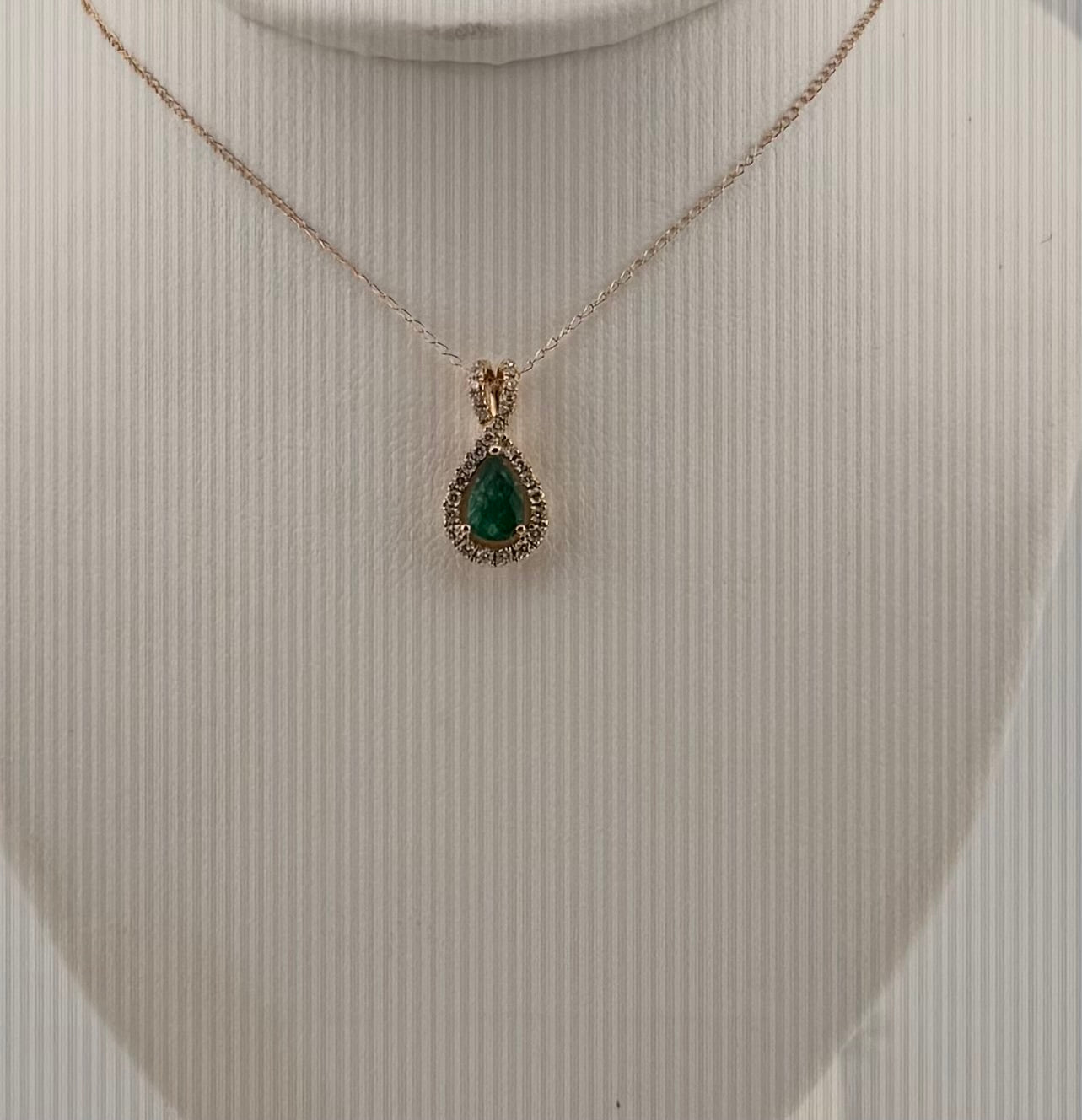 14K Yellow Gold Pear Emerald & Diamond Halo Pendant | .36 ct Emerald, .15 ctw Diamonds
