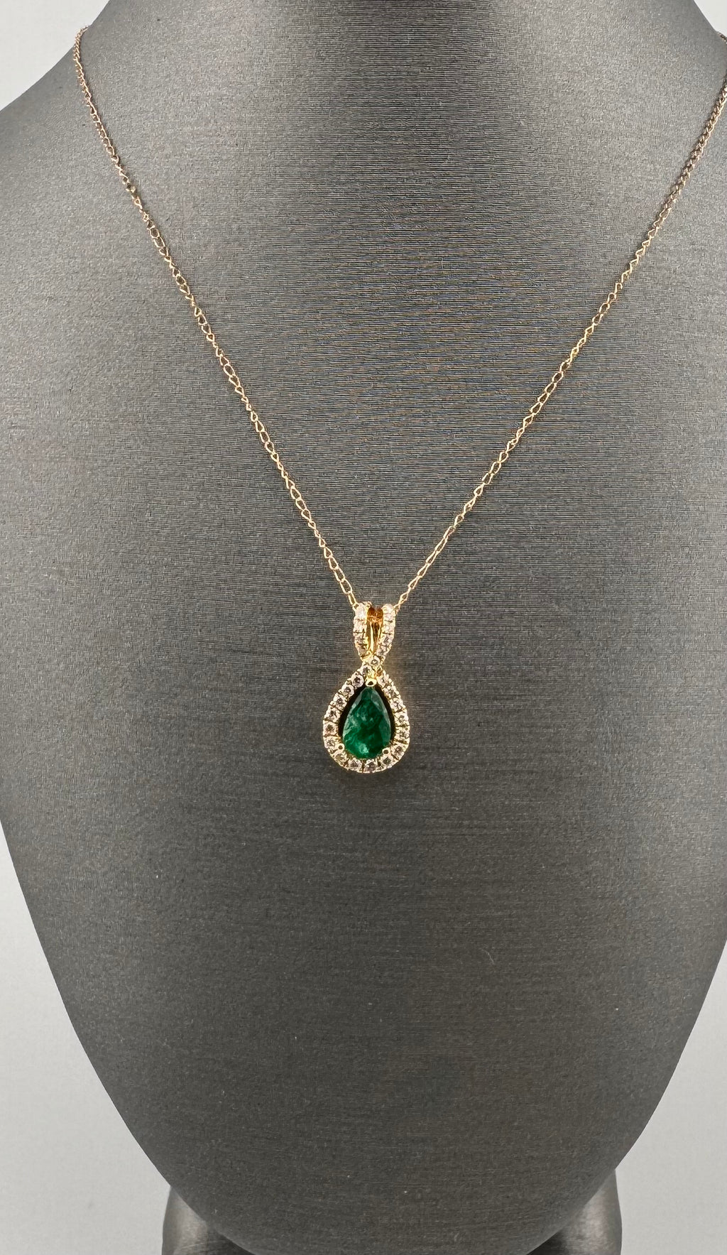 14K Yellow Gold Pear Emerald & Diamond Halo Pendant | .36 ct Emerald, .15 ctw Diamonds