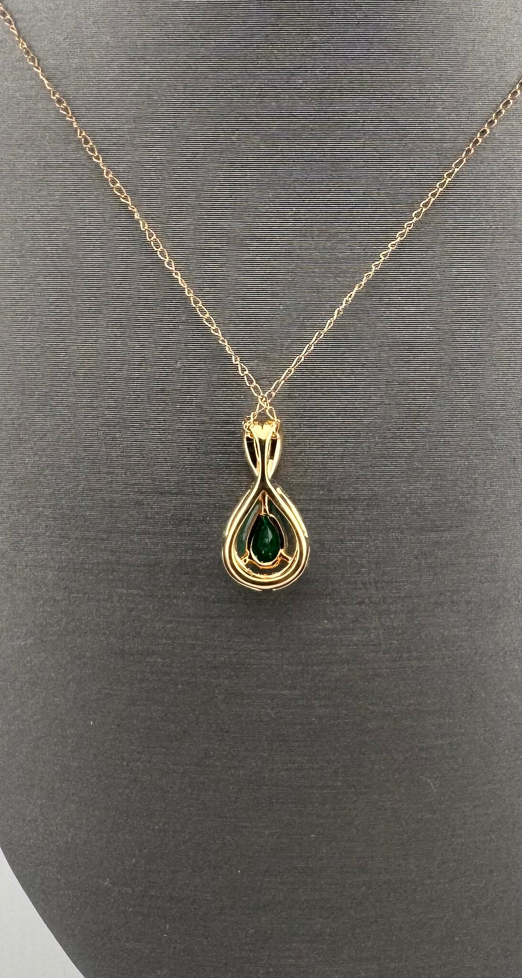 14K Yellow Gold Pear Emerald & Diamond Halo Pendant | .36 ct Emerald, .15 ctw Diamonds