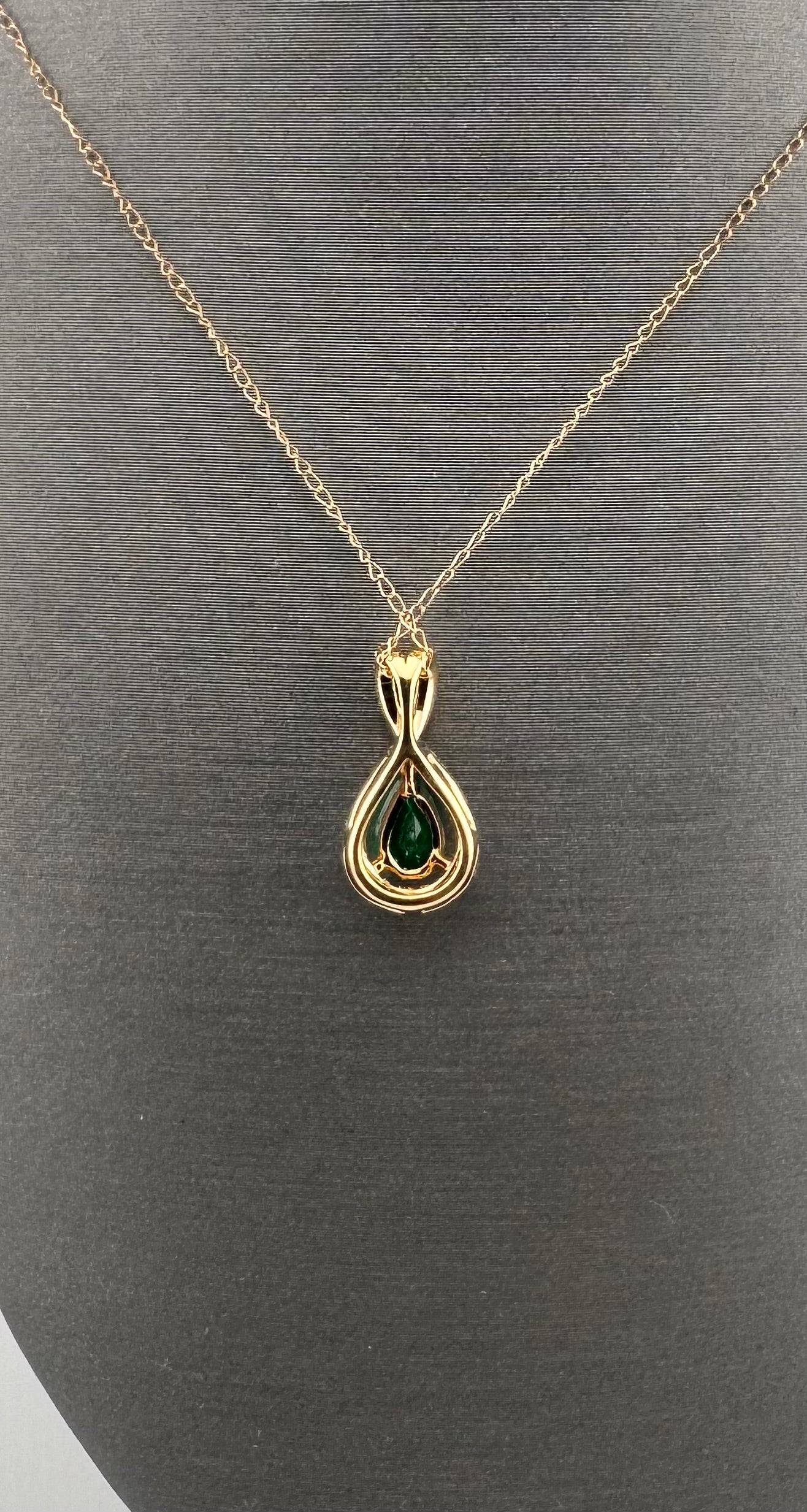 14K Yellow Gold Pear Emerald & Diamond Halo Pendant | .36 ct Emerald, .15 ctw Diamonds
