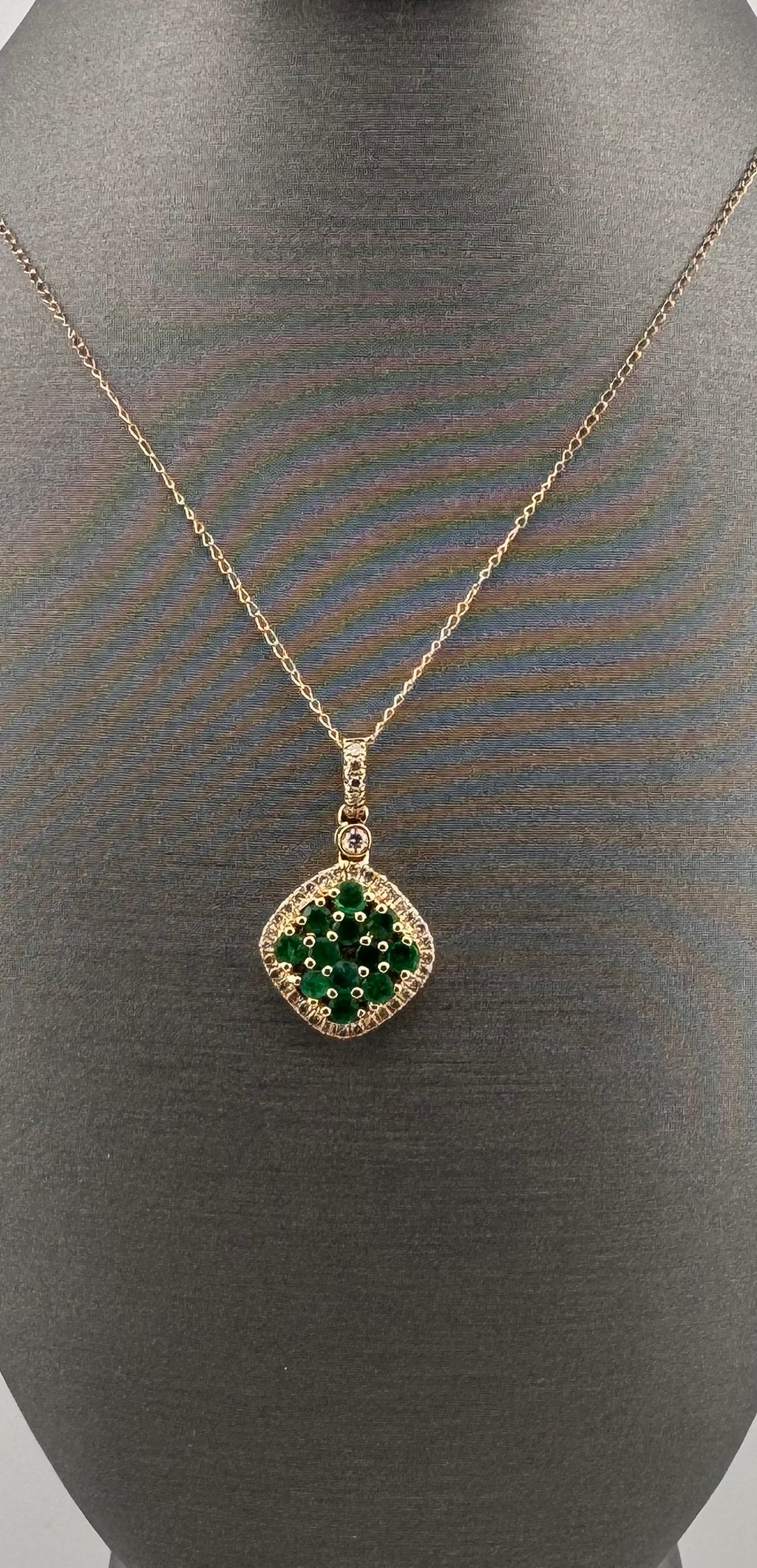 14K Yellow Gold Emerald & Diamond Cluster Pendant | 1/2 ctw Emeralds, .18 ctw Diamonds