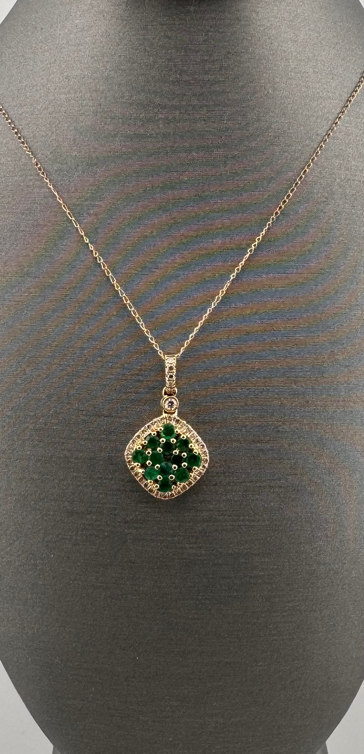 14K Yellow Gold Emerald & Diamond Cluster Pendant | 1/2 ctw Emeralds, .18 ctw Diamonds