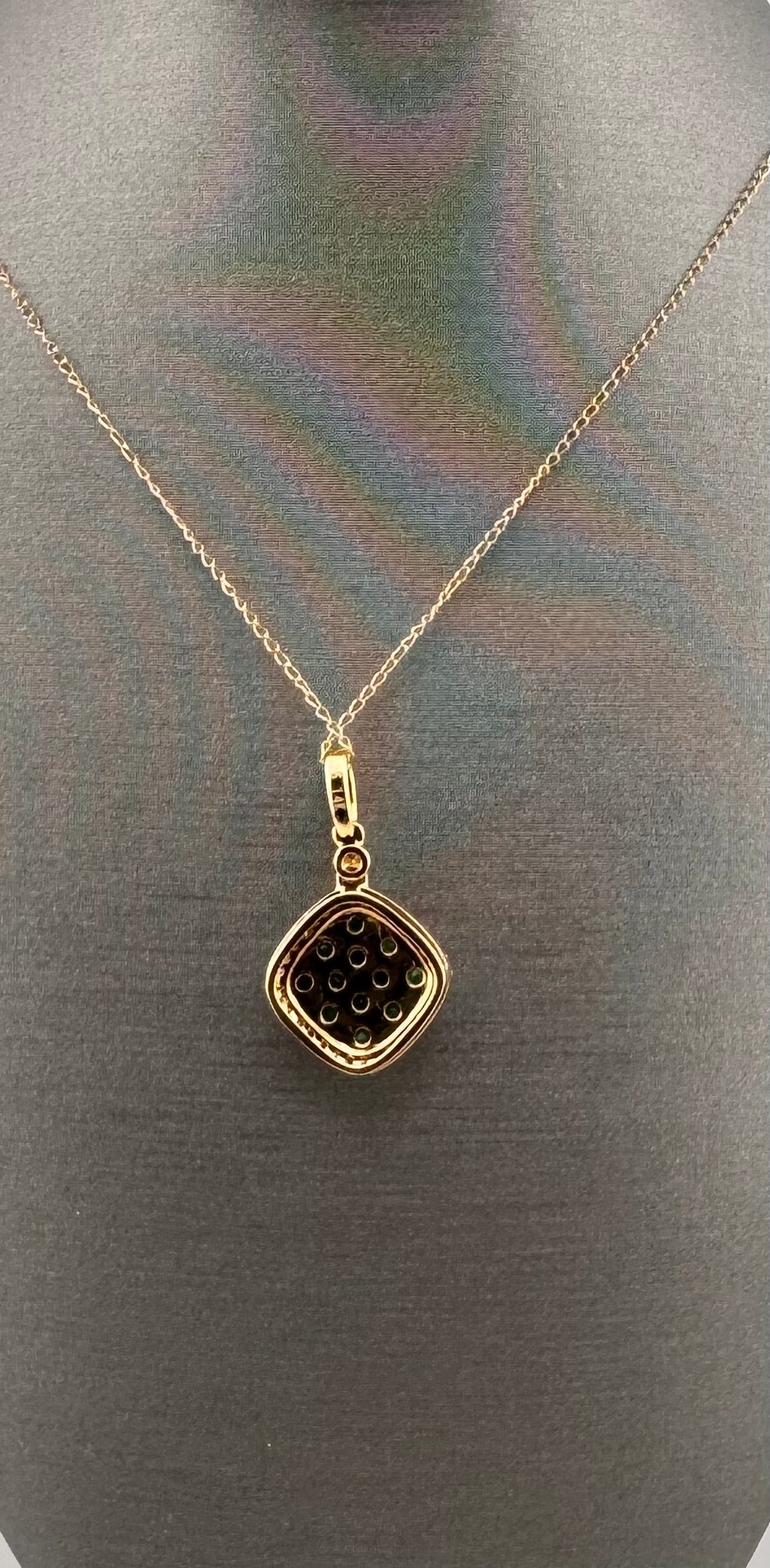 14K Yellow Gold Emerald & Diamond Cluster Pendant | 1/2 ctw Emeralds, .18 ctw Diamonds