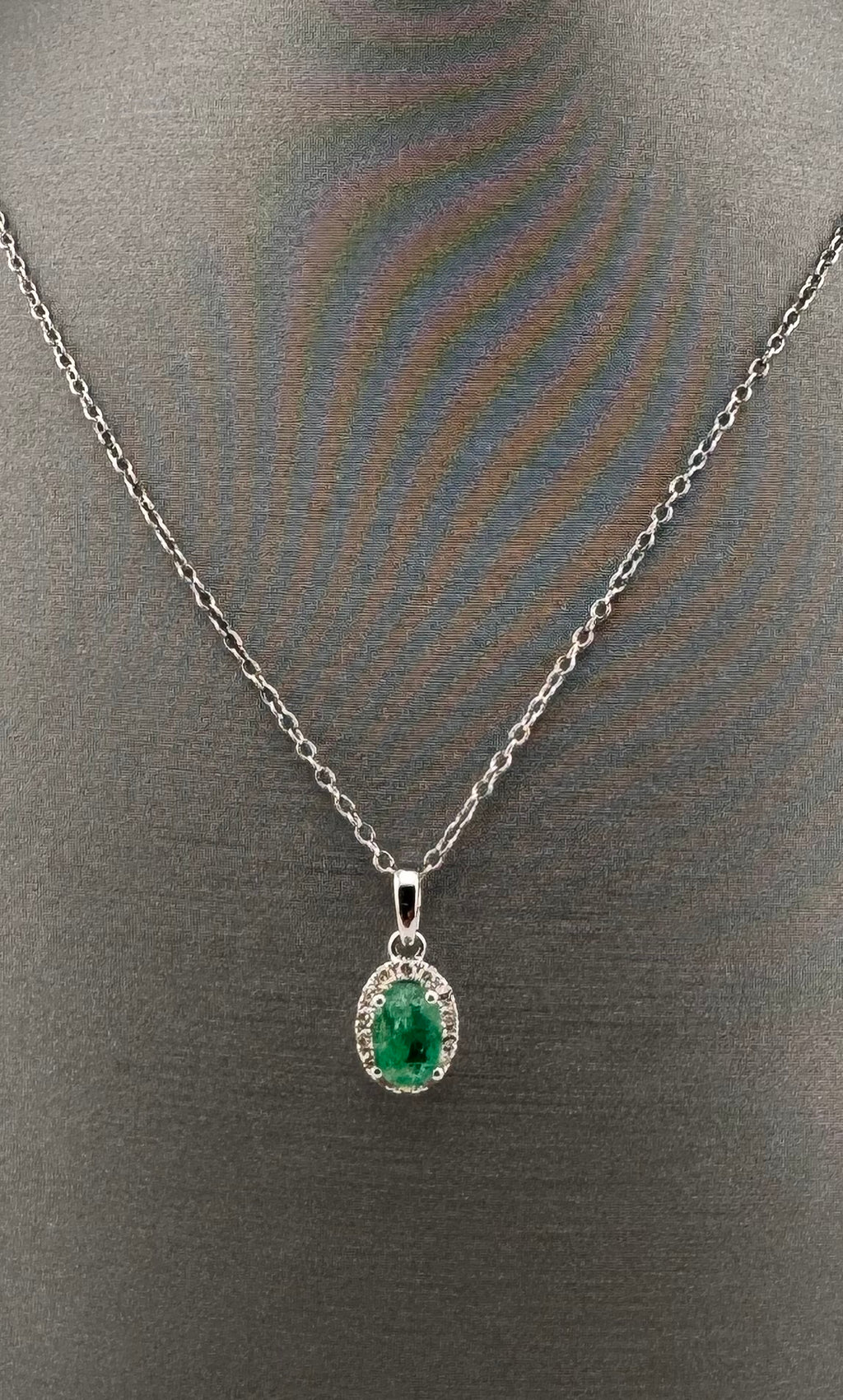 14K White Gold Oval Emerald & Diamond Halo Pendant | .66 ct Emerald, .10 ctw Diamonds