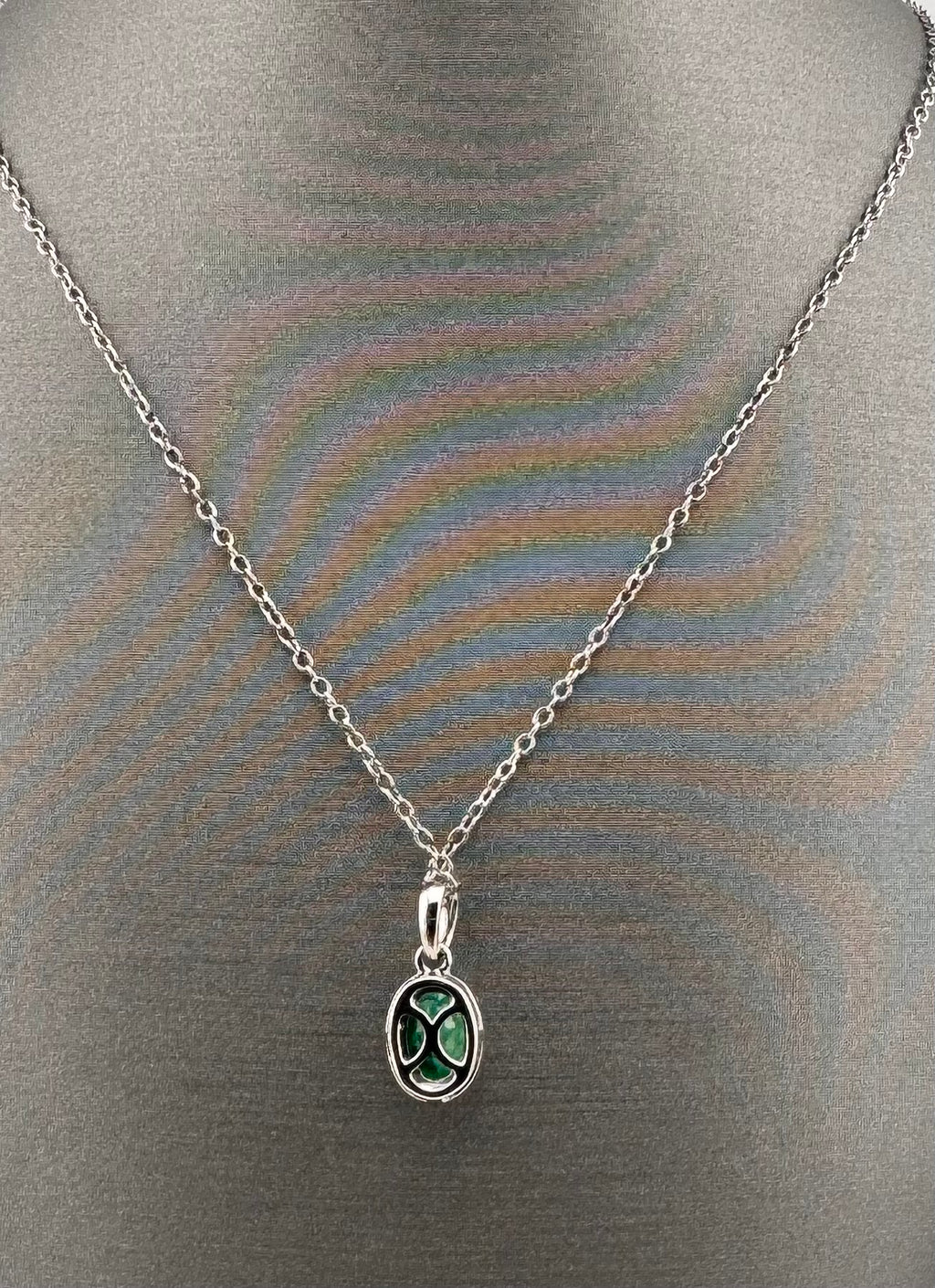 14K White Gold Oval Emerald & Diamond Halo Pendant | .66 ct Emerald, .10 ctw Diamonds