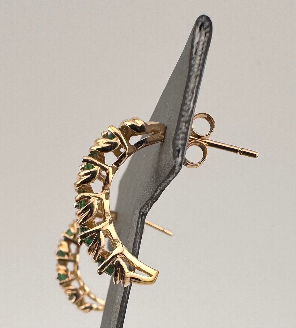 14K Gold Natural Emerald J-Hoop Earrings | Twisted Ribbon Setting