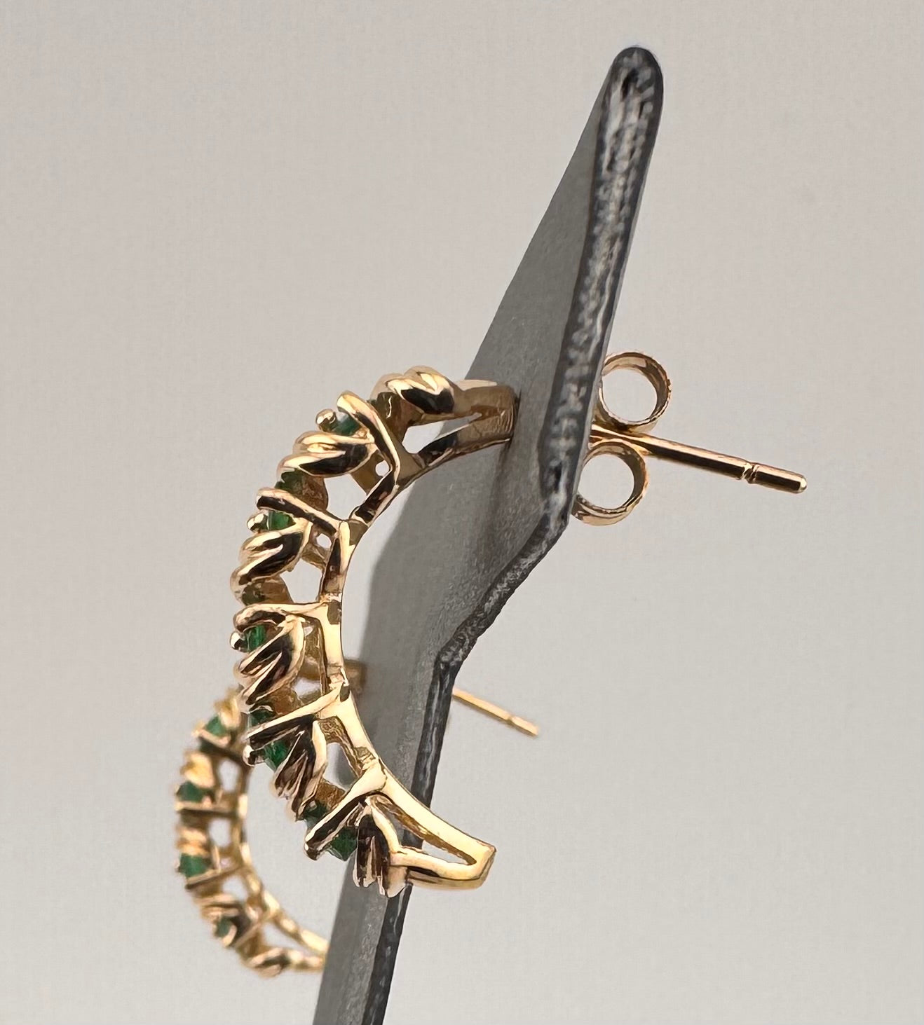 14K Gold Natural Emerald J-Hoop Earrings | Twisted Ribbon Setting