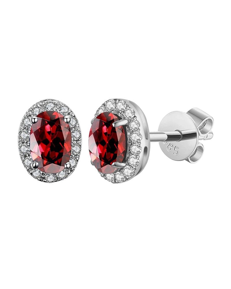 14K White Gold Oval Garnet & Diamond Halo Stud Earrings
