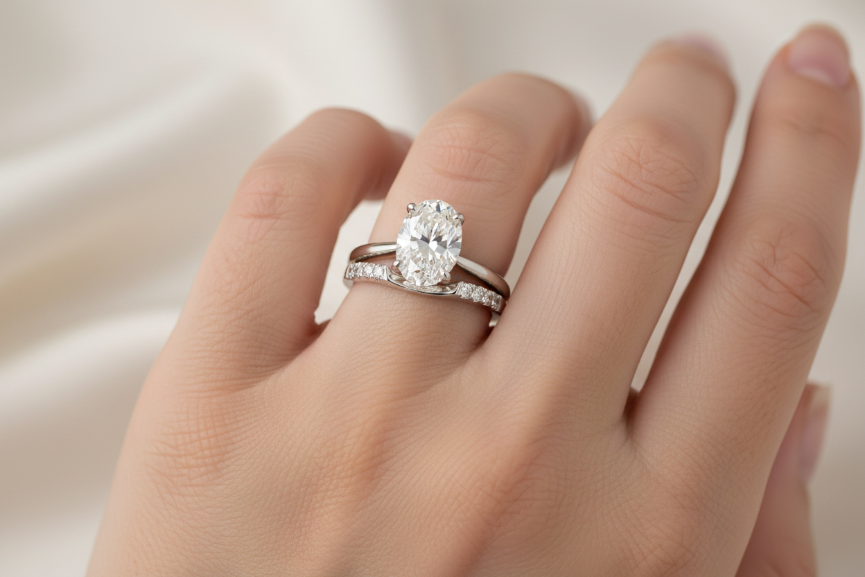 14K white gold curved diamond wedding band stacked with oval diamond solitaire engagement ring