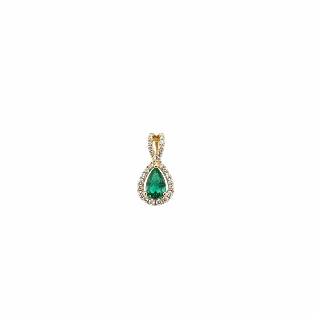 14K yellow gold pear emerald and diamond halo pendant on white background